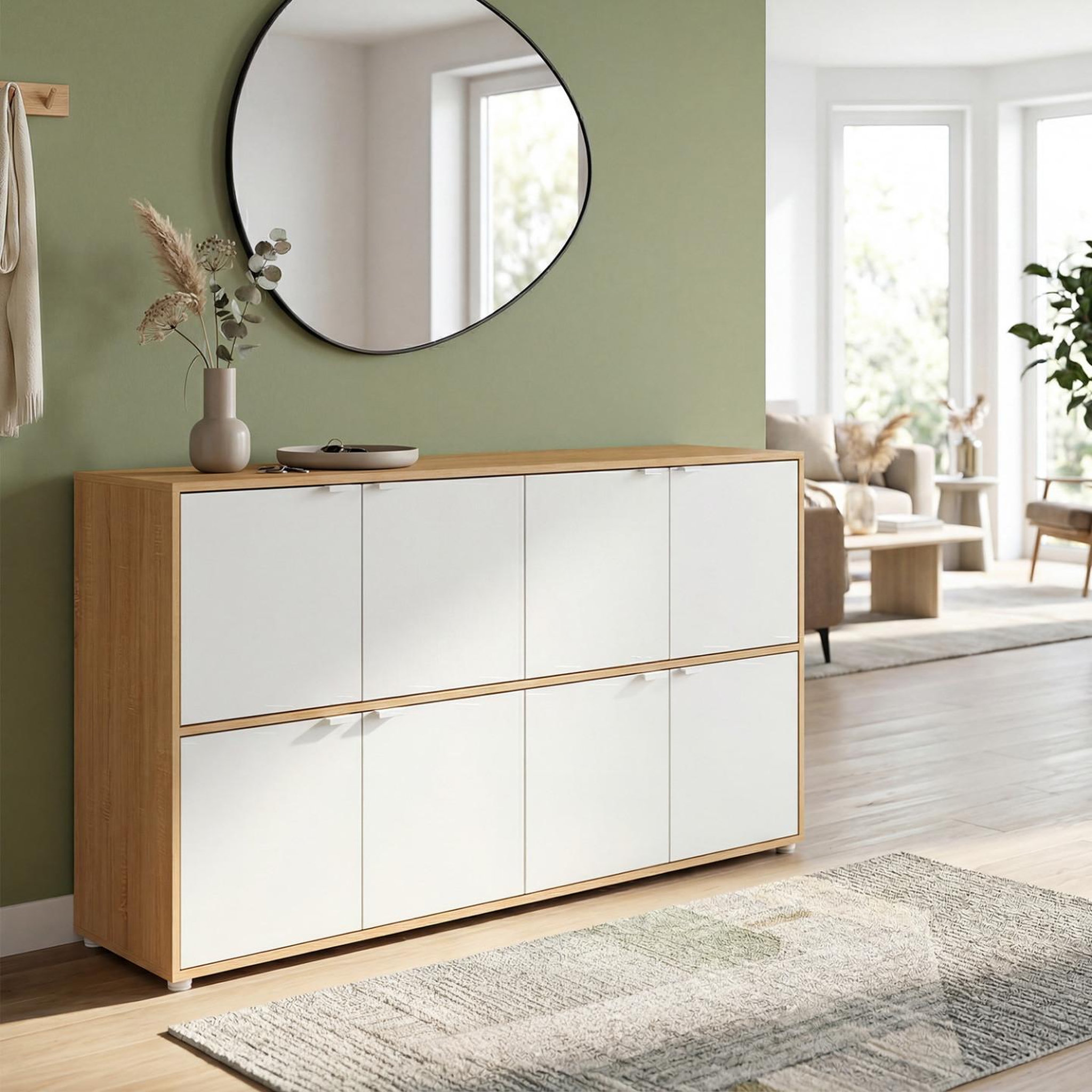 Voir la diapositive 5 : ID MARKET Buffet casier 130 cm cassie 8 portes blanc et bois