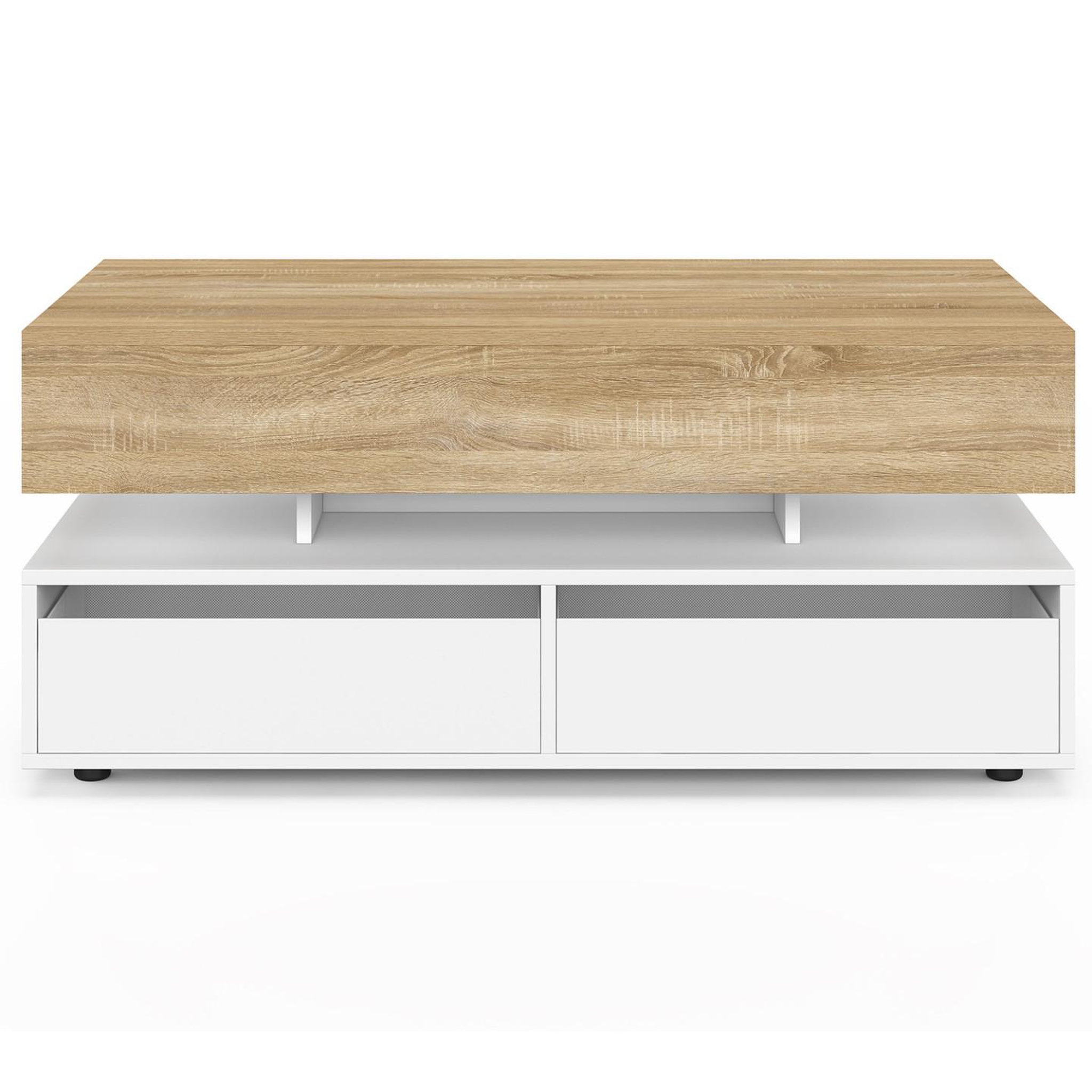 Voir la diapositive 3 : ID MARKET Table basse plateau relevable rectangulaire elsa 90 cm 4 tiroirs avec led en bois blanc et plateau façon hêtre
