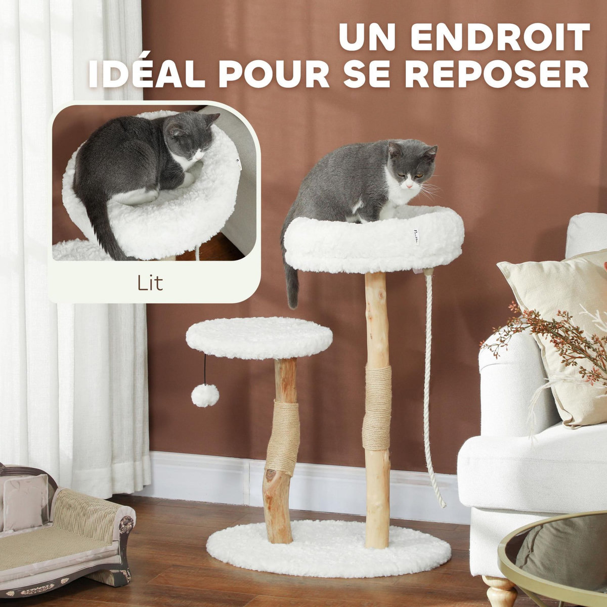 PAWHUT Arbre à chat style bohème chic H.85 cm plateforme panier observation corde boule bois naturel effet laine bouclée