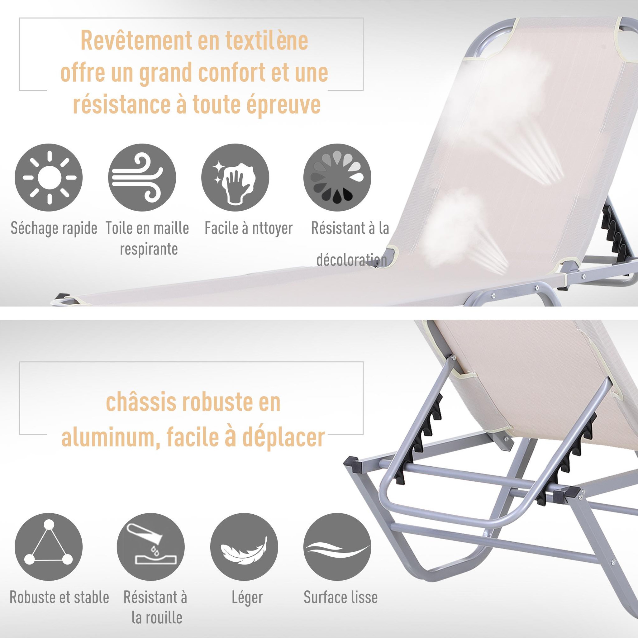 Voir la diapositive 6 : OUTSUNNY Bain de soleil transat design contemporain dossier inclinable multi-positions alu textilène crème