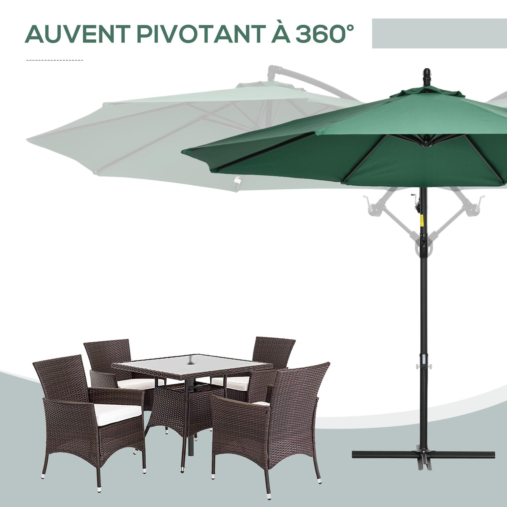 Voir la diapositive 6 : OUTSUNNY Parasol déporté octogonal inclinable pivotant manivelle pied acier Ø 2,9 x 2,4H m vert