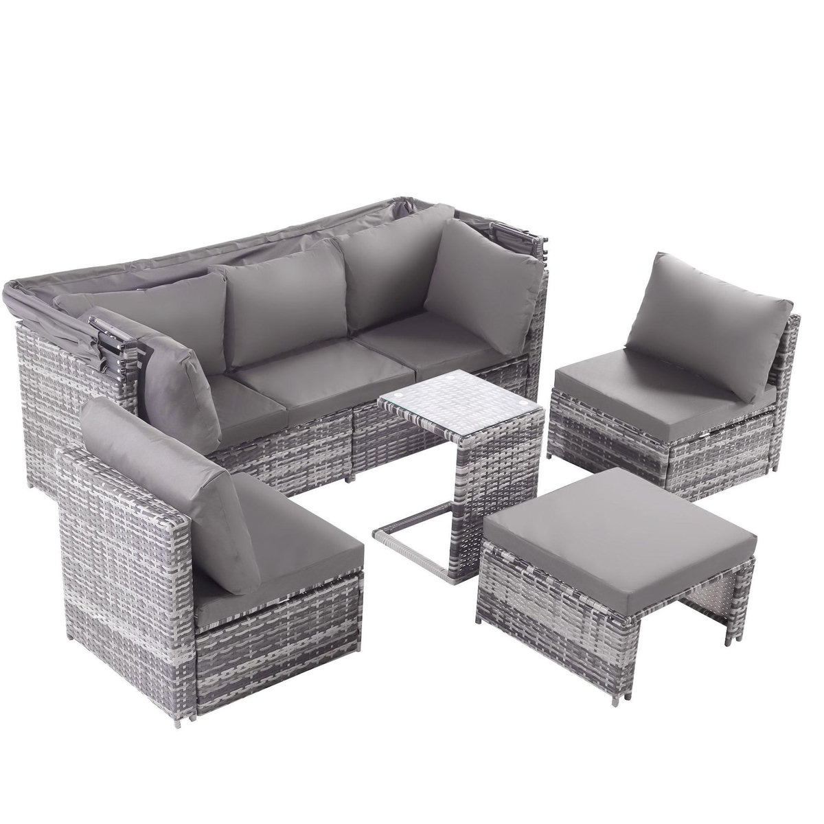MERAX Salon de jardin 6 places en Rattan avec canapé à toit, pouf, fauteuils et table, gris
