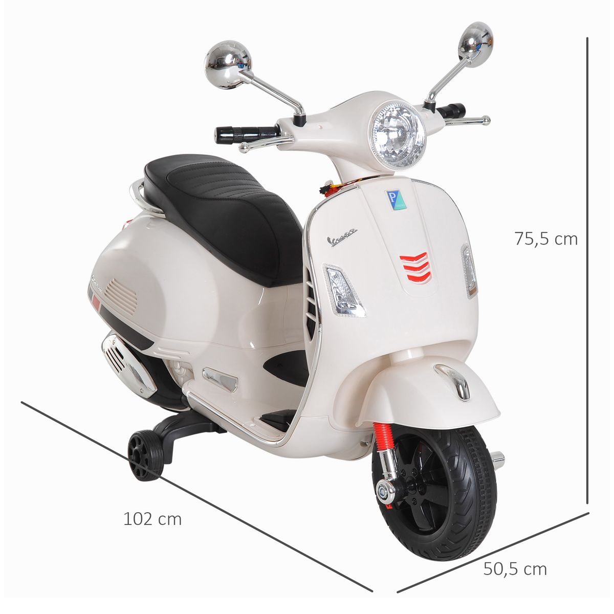 HOMCOM Scooter moto électrique enfants 6 V dim. 102L x 51l x 76H cm musique MP3 port USB klaxon phare feu AR blanc Vespa