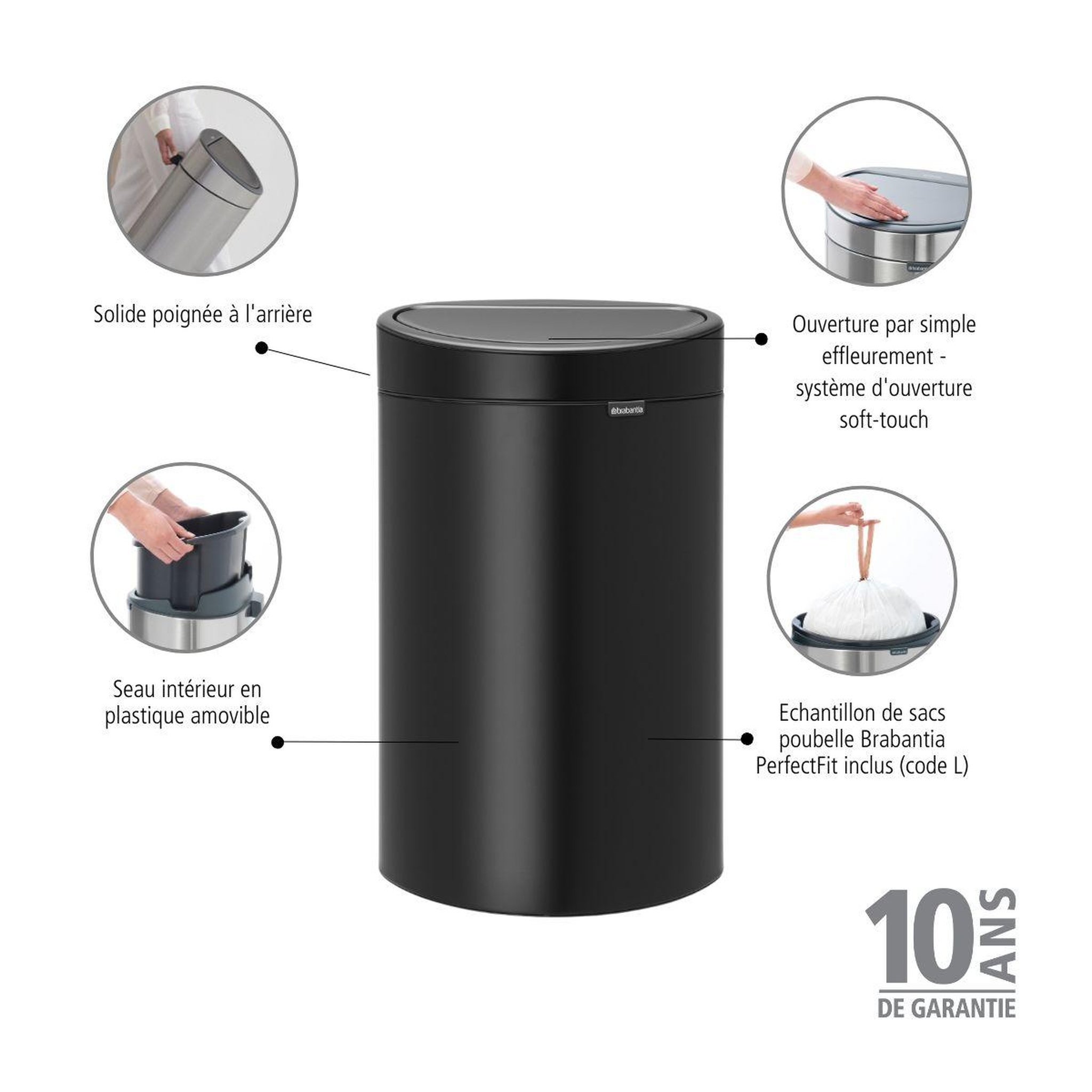 Voir la diapositive 2 : BRABANTIA Poubelle de cuisine manuelle touch bin 40l - matt black