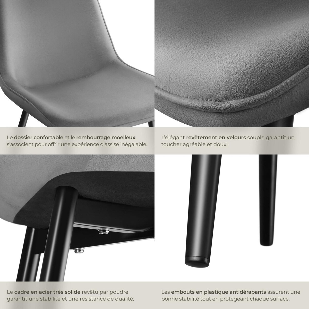 tectake Lot de chaises rembourrées aspect velours gris Lot de 2