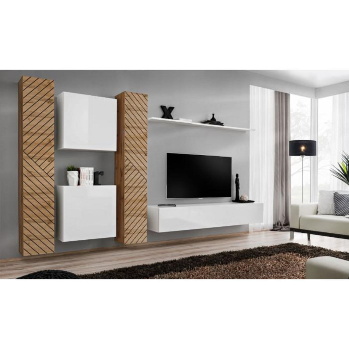 Paris Prix Ensemble Meuble TV  Switch Lamel VI  330cm Blanc & Naturel