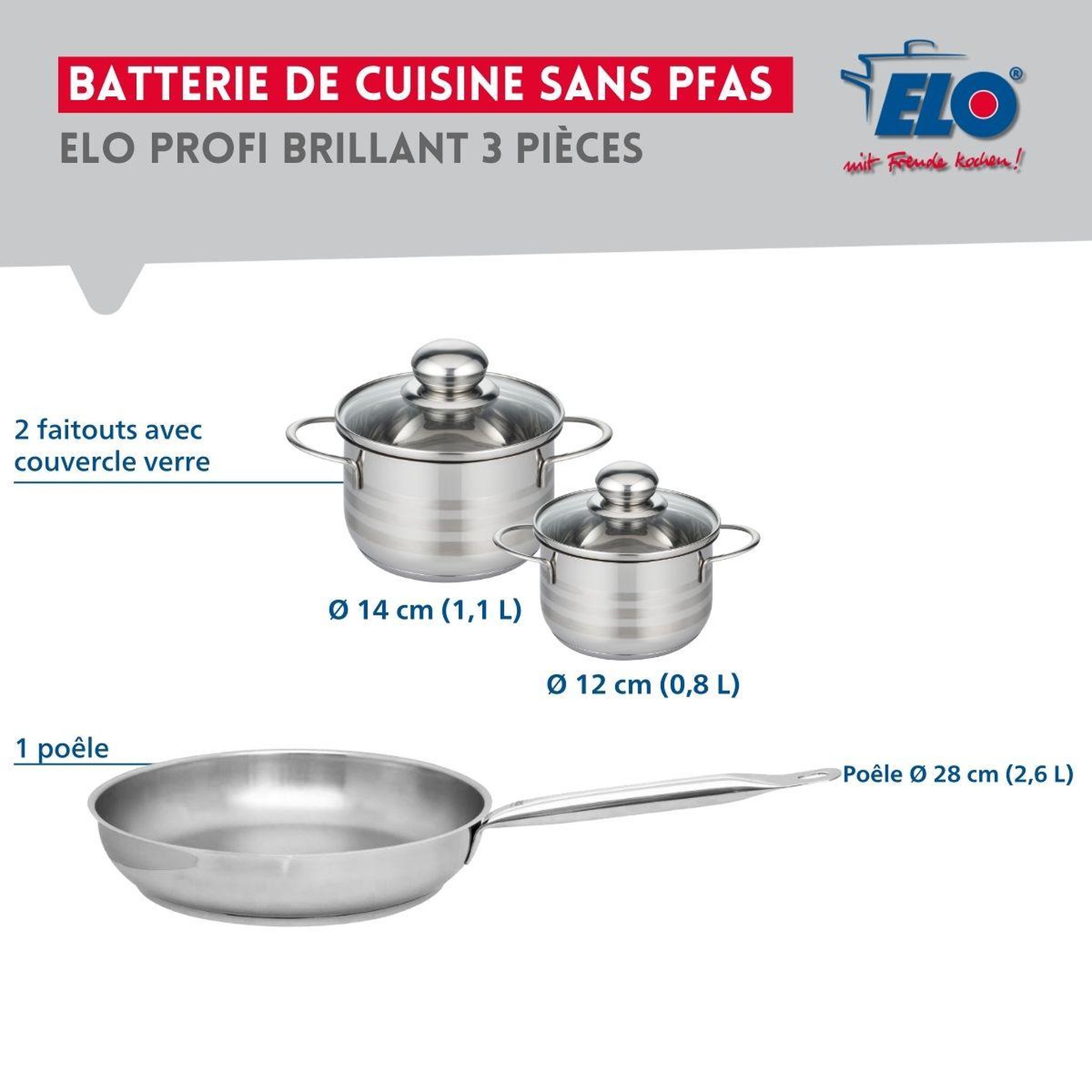 Voir la diapositive 2 : ELO Ensemble de 1 poêle de cuisson 28 cm et 2 faitouts 12 et 14 cm elo profi brillant