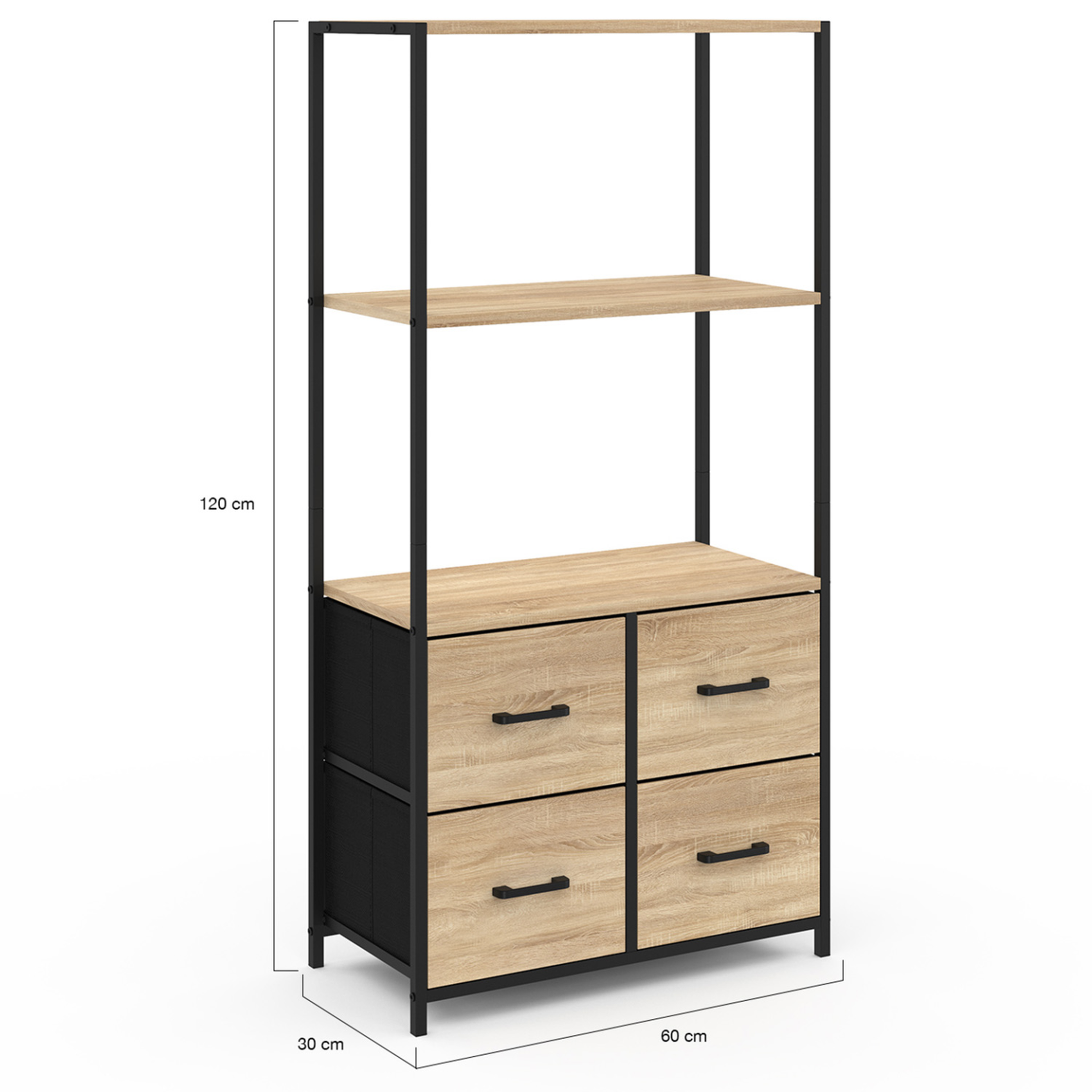 Voir la diapositive 4 : ID MARKET Etagère 3 niveaux avec 4 tiroirs en tissu utah 120 cm meuble de rangement design industriel