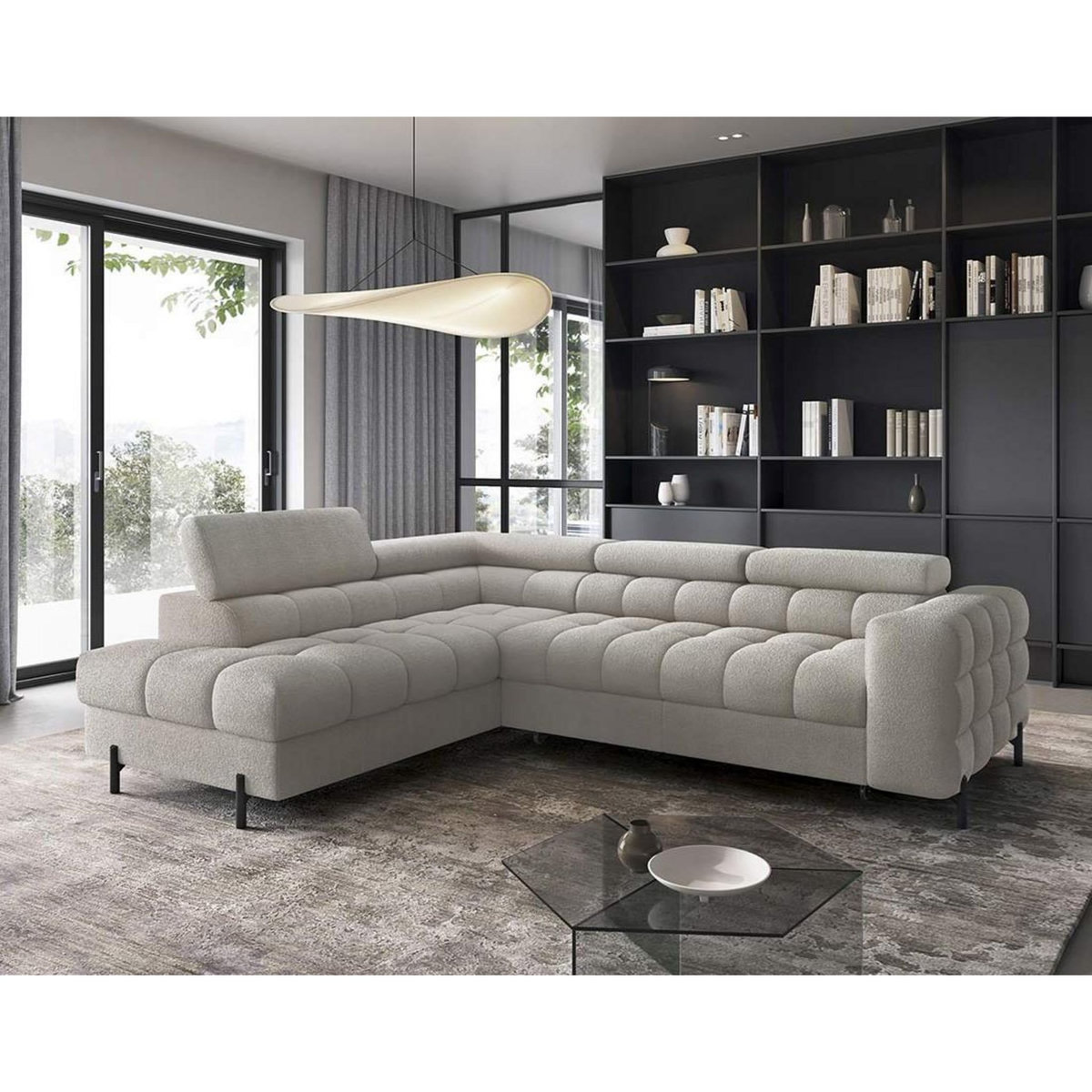 BEST MOBILIER Elisa - canapé d'angle gauche 5 places convertible avec coffre et têtières réglables en tissu bouclette