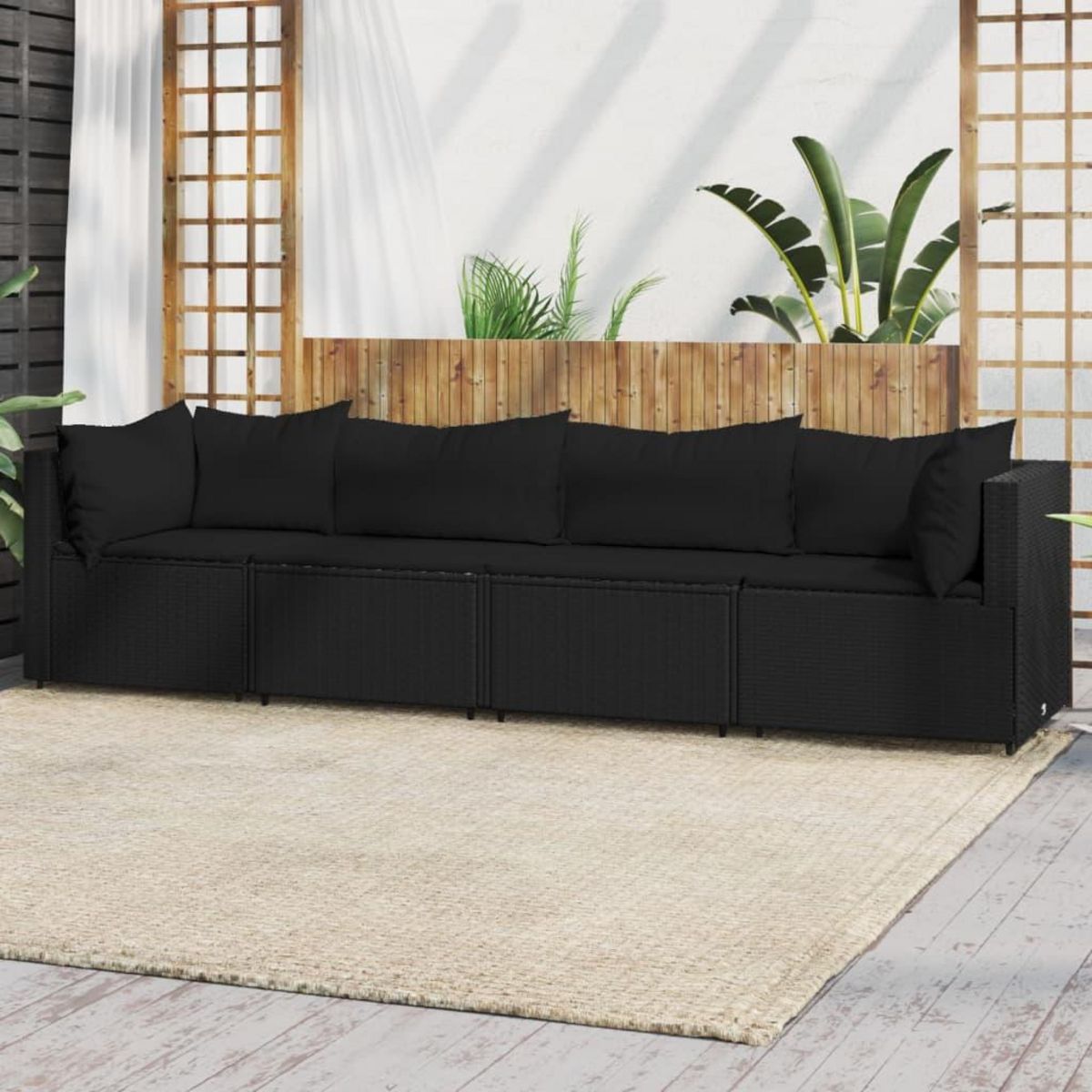 VIDAXL Salon de jardin 4 pcs avec coussins Noir Resine tressee