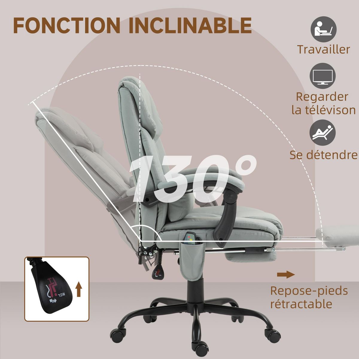 VINSETTO Fauteuil de bureau direction massant inclinable réglable - repose-pieds rétractable intégré - acier noir PU gris