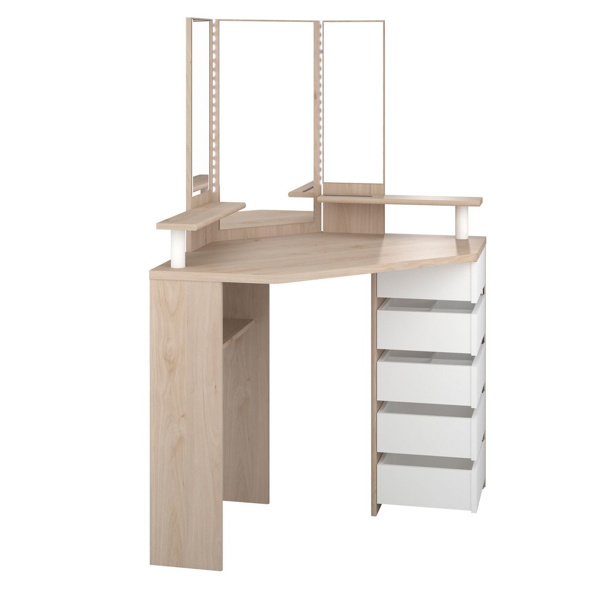 Coiffeuse d'angle 3 miroirs 5 tiroirs pivotants GIRLY