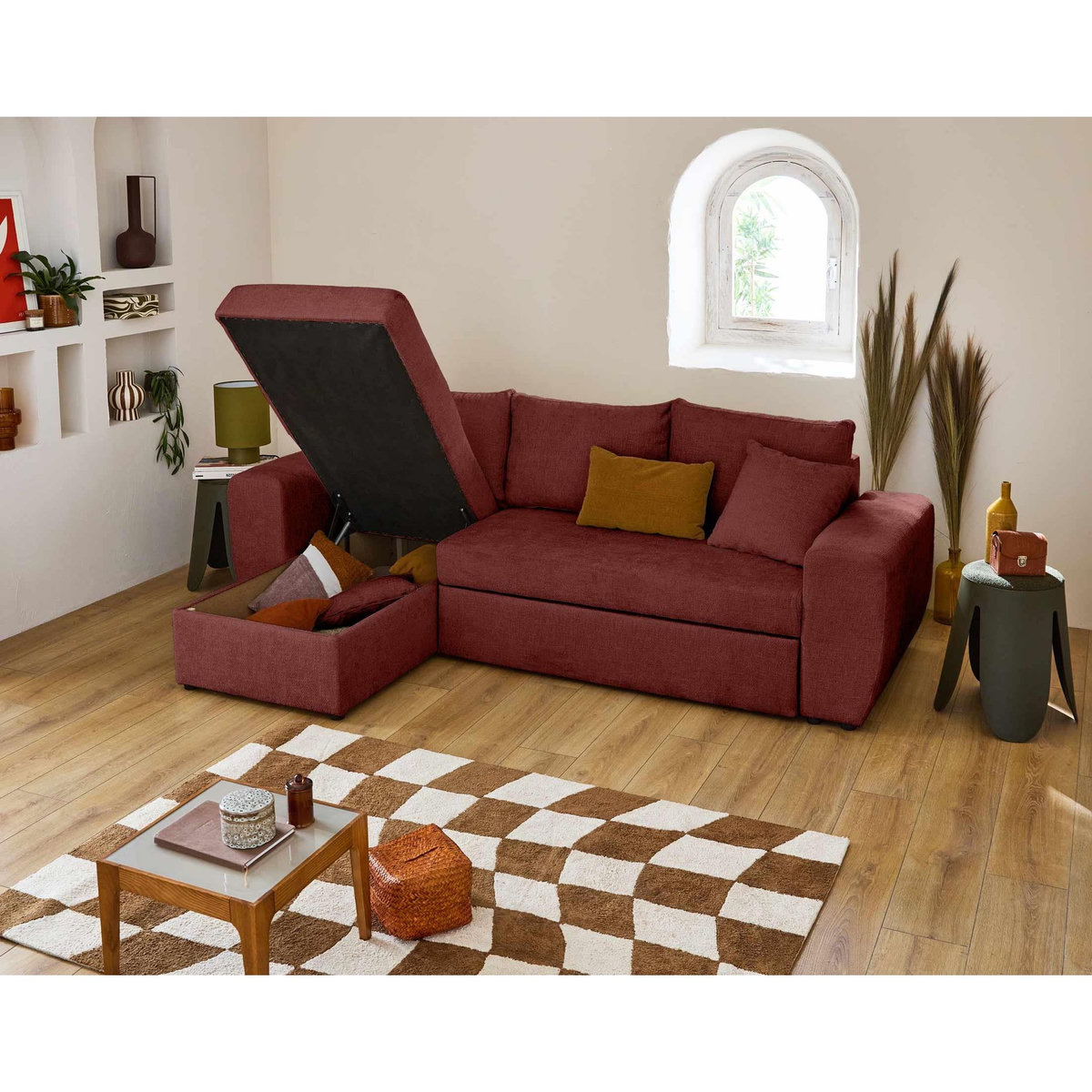 BEST MOBILIER Milan - canapé d'angle réversible 4 places - convertible avec coffre - en velours texturé