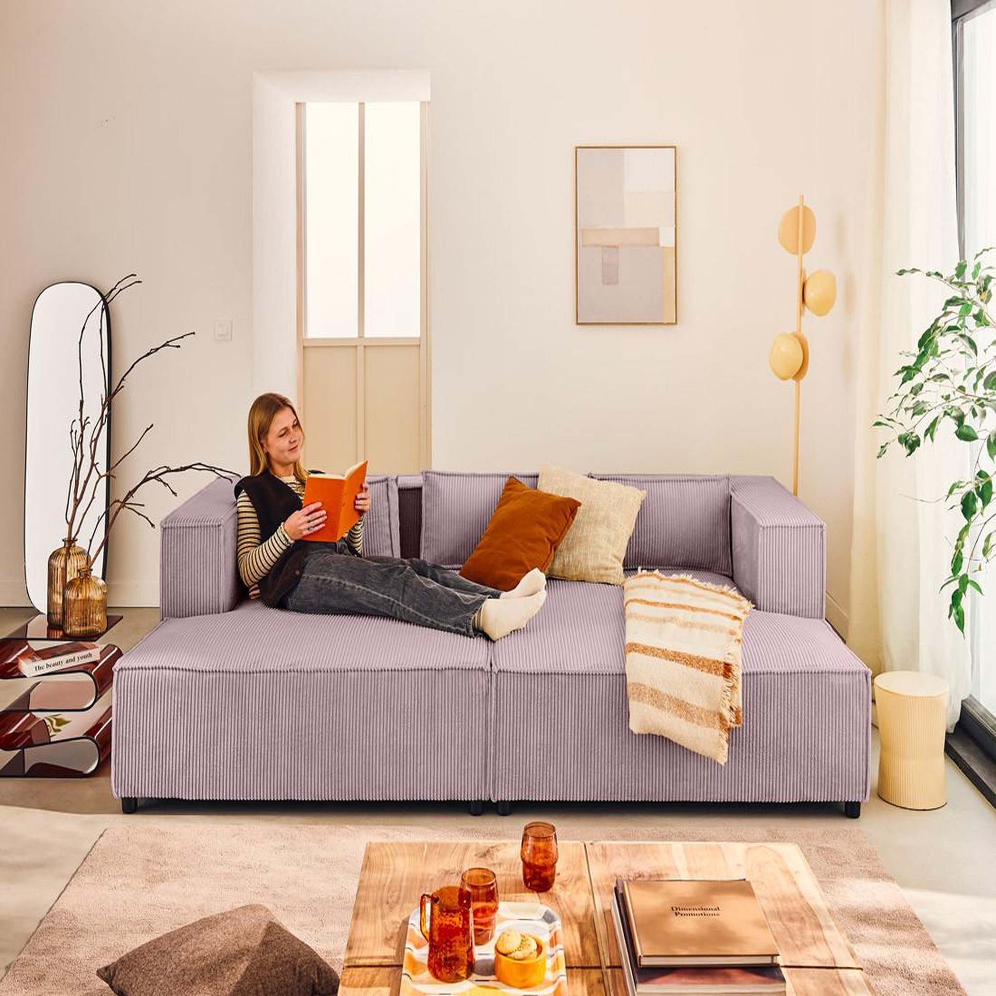 Voir la diapositive 2 : LISA DESIGN Stella - canapé droit 3 places avec double méridienne - assise profonde - en velours côtelé