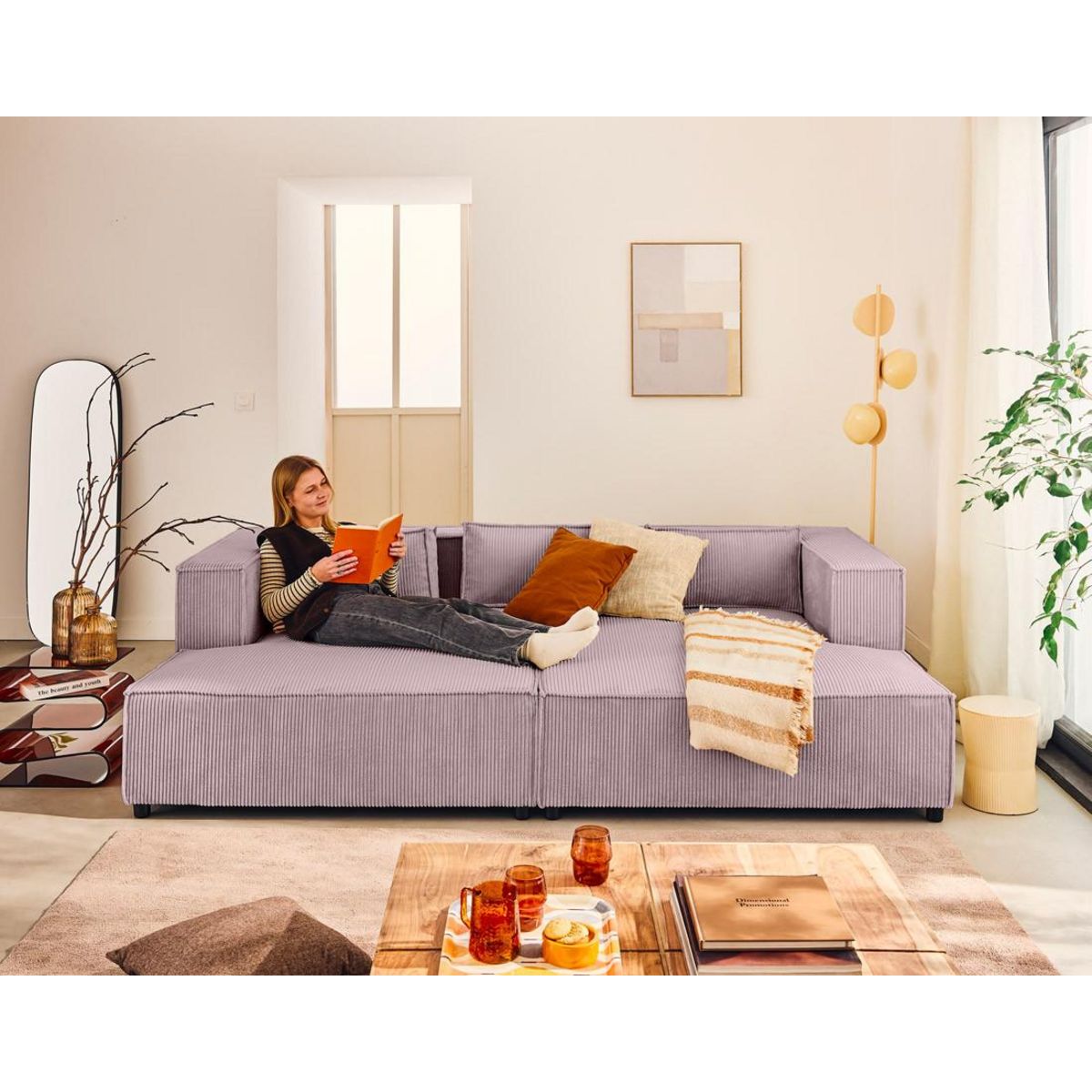 LISA DESIGN Stella - canapé droit 3 places avec double méridienne - assise profonde - en velours côtelé