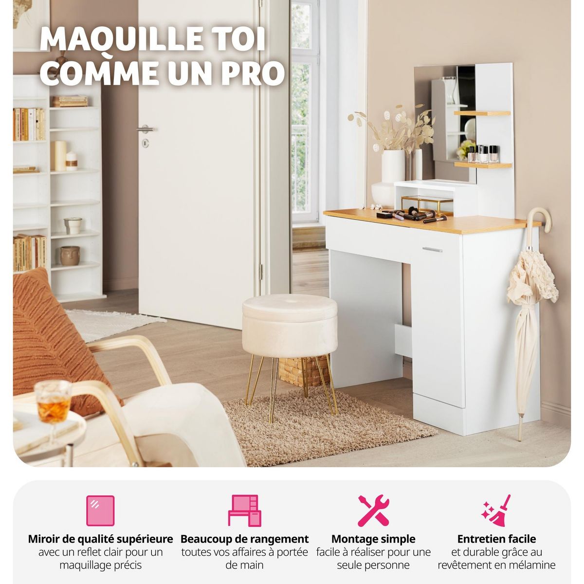 tectake Coiffeuse table de maquillage au look moderne blanc/hêtre