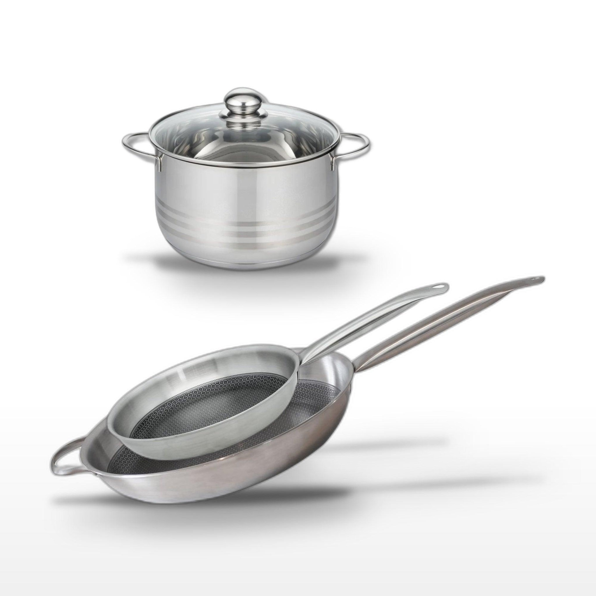 ELO Batterie de cuisine avec 2 poêles de cuisson 28/32 cm et 1 faitout 24 cm en inox sans pfas elo collection relief solution brillant