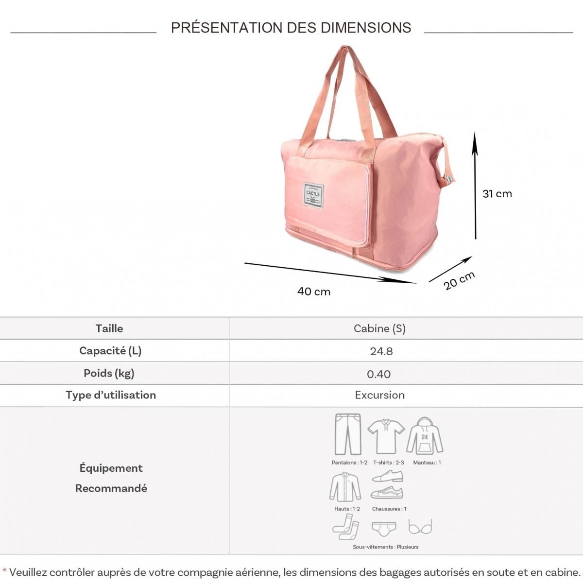 Cactus Sac de voyage week-end 24L pliable et déperlant sans roulettes
