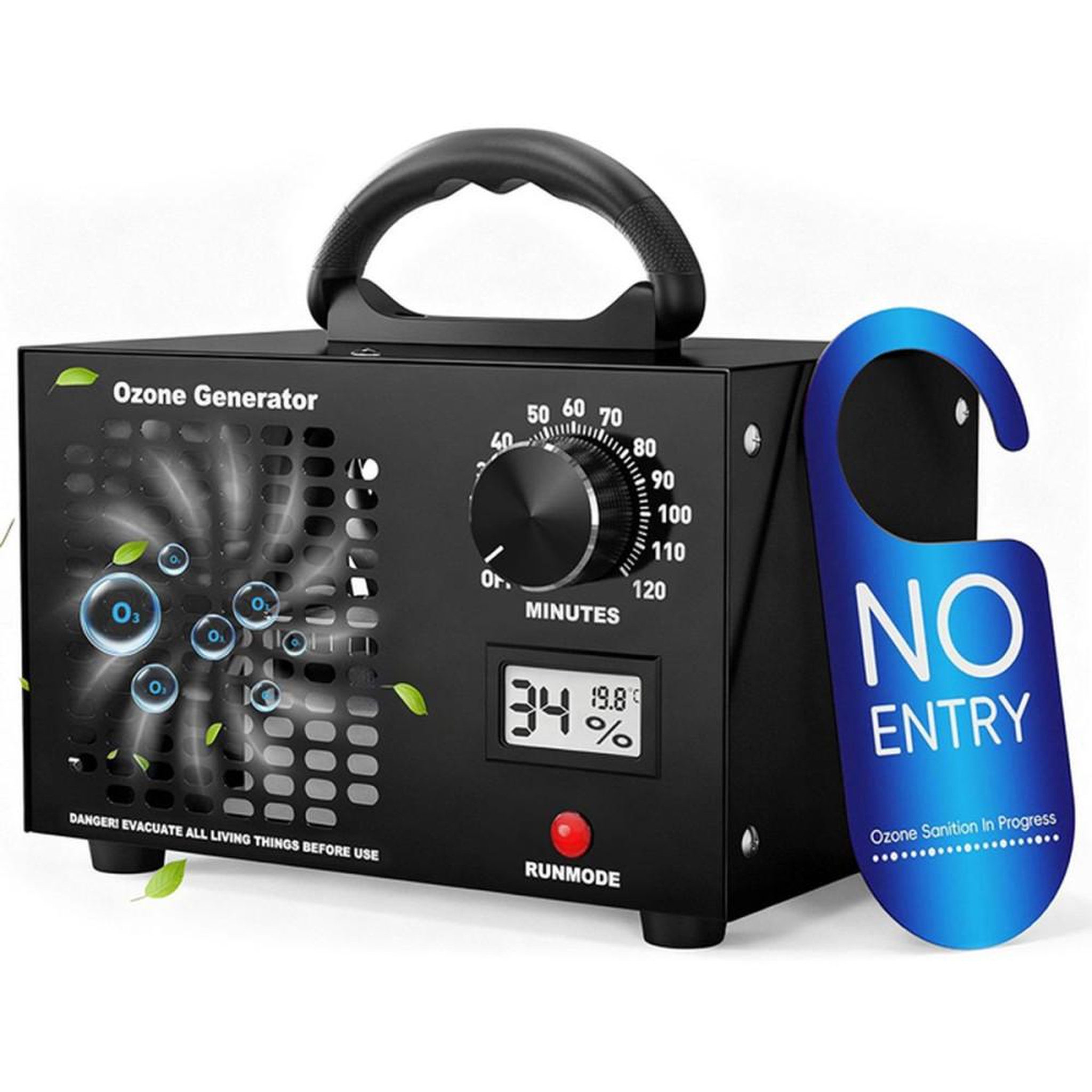 Purificateur d'air avec générateur d'ozone 65 000 mg/h, 300 m², sans filtre, minuteur 120 min, noir