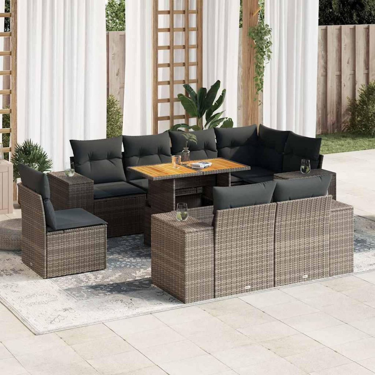 VIDAXL Salon de jardin 9 pcs avec coussins gris resine tressee