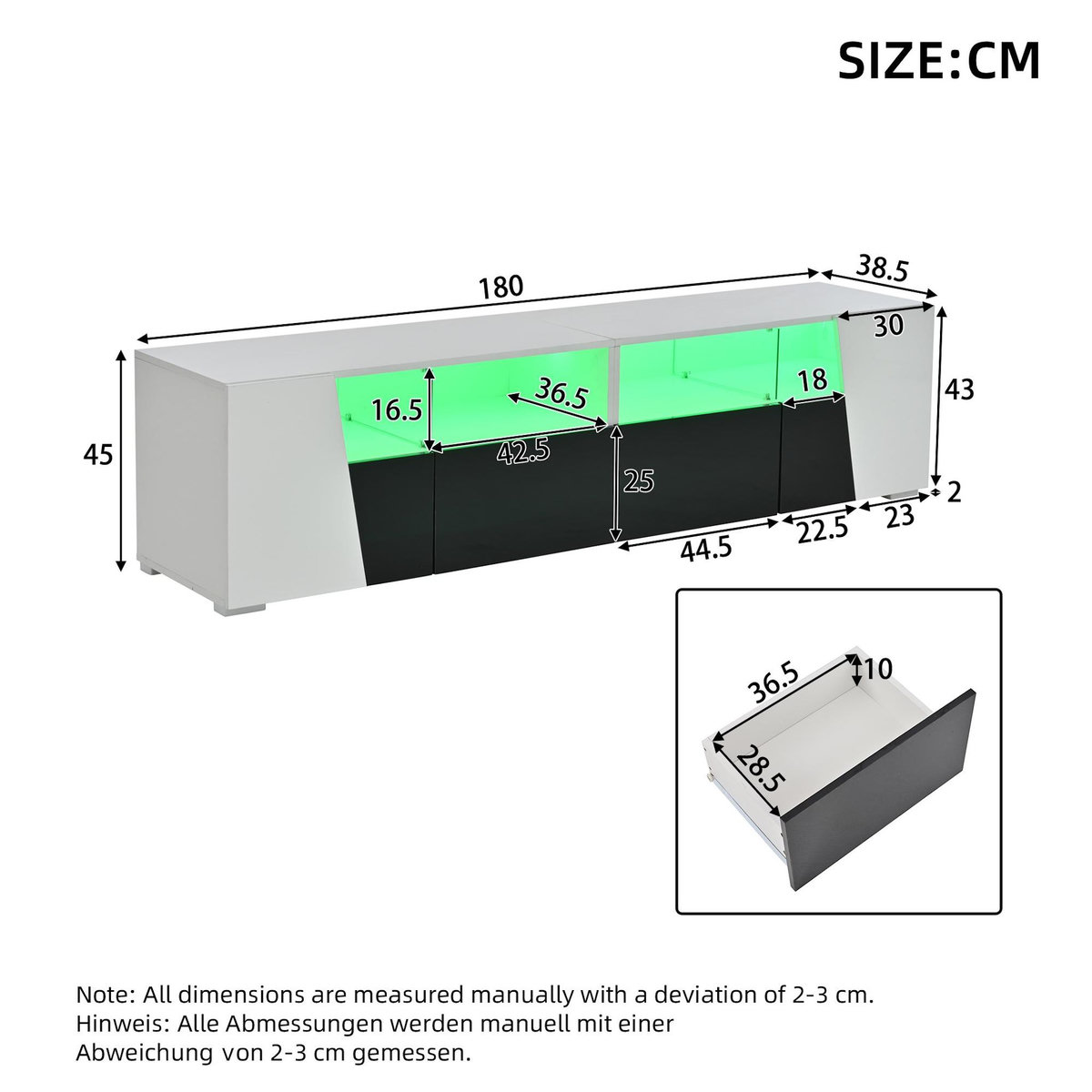 MERAX Meuble tv blanc+noir 180 cm led mdf