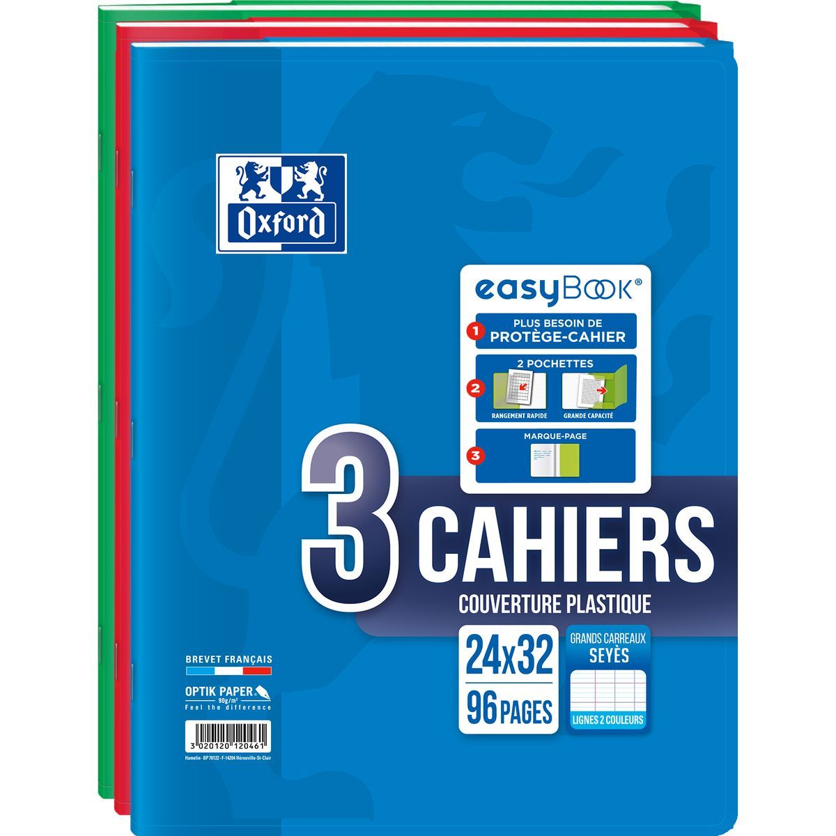 OXFORD Lot de 3 cahiers polypro 24x32cm 96 pages grands carreaux Seyes Easybook coloris assortis
