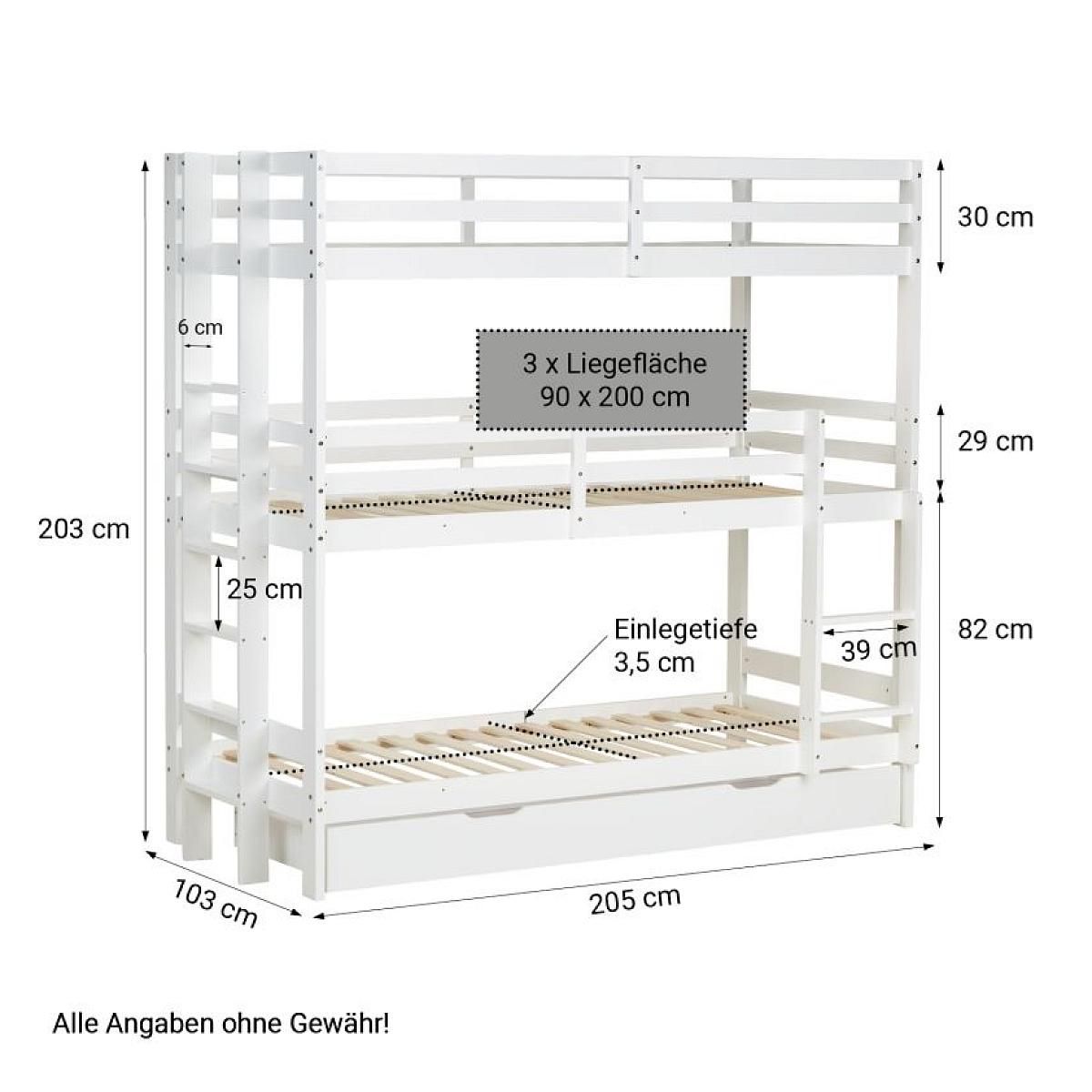 HomeStyle4U Lit superposé triple 90x200 avec matelas