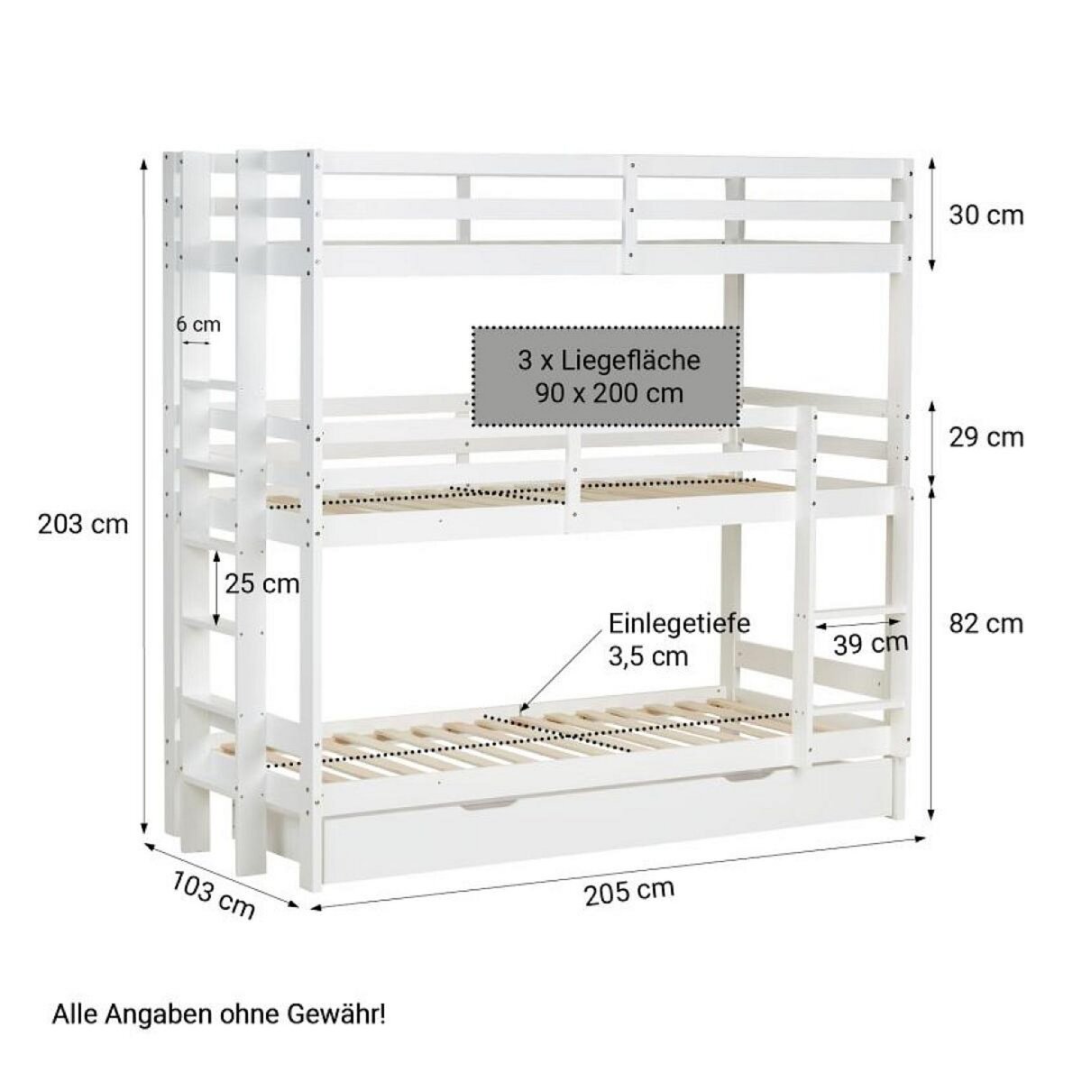 HomeStyle4U Lit superposé triple 90x200 avec matelas