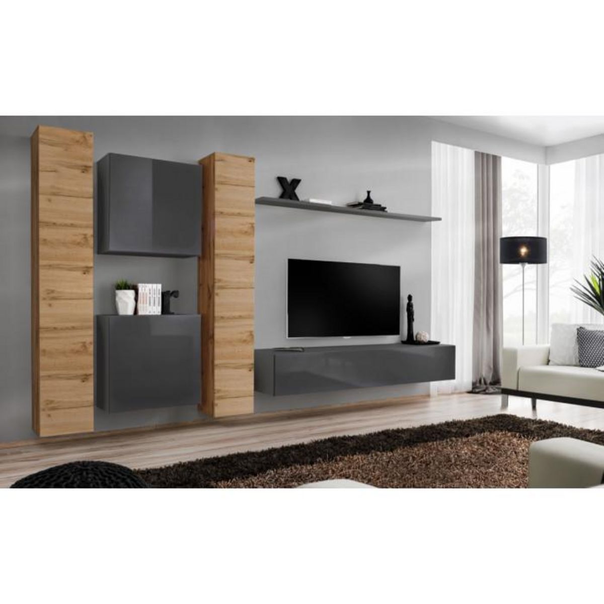 Paris Prix Meuble TV Mural Design  Switch VI  330cm Naturel & Gris