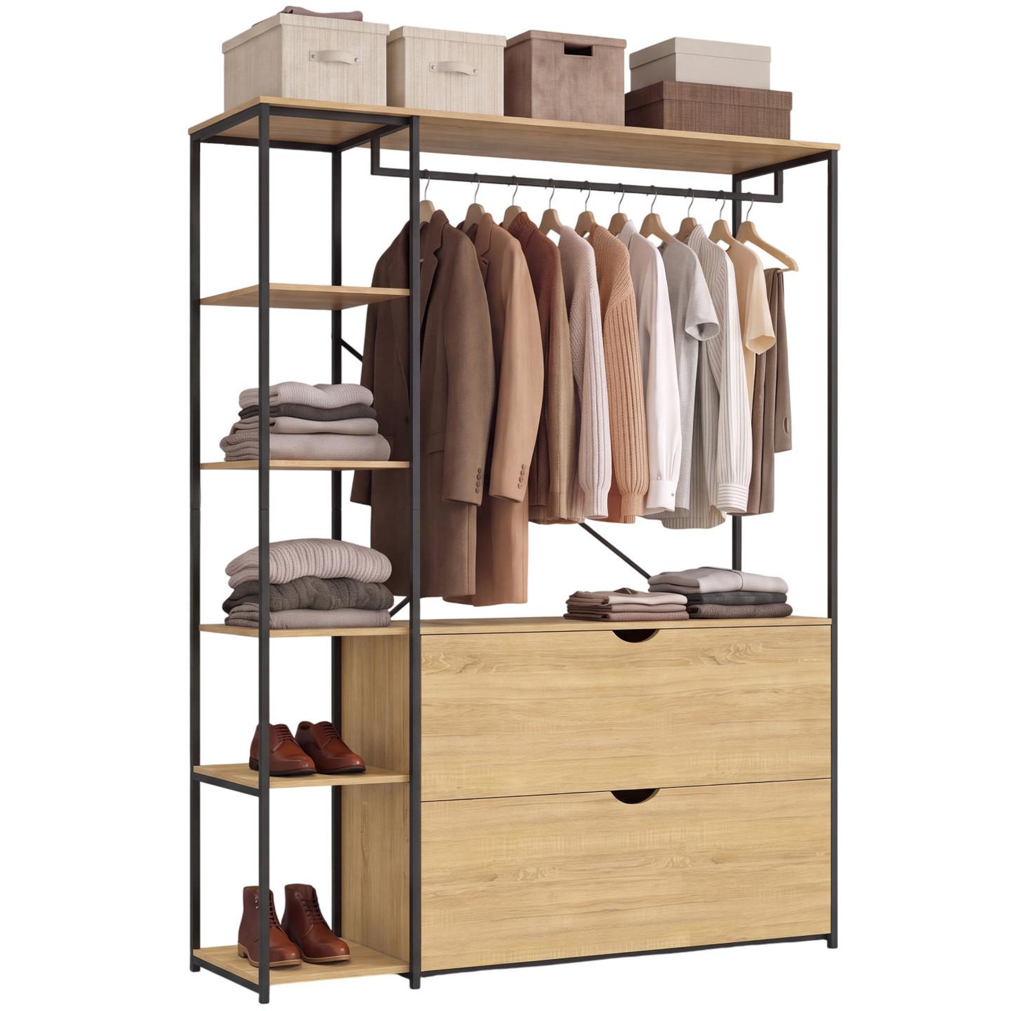 ID MARKET Dressing penderie étagères l. 113 cm detroit 2 tiroirs design industriel
