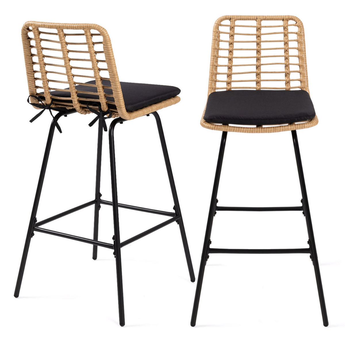 ID MARKET Lot de 2 tabourets de bar SUMMER effet rotin pied métal noir