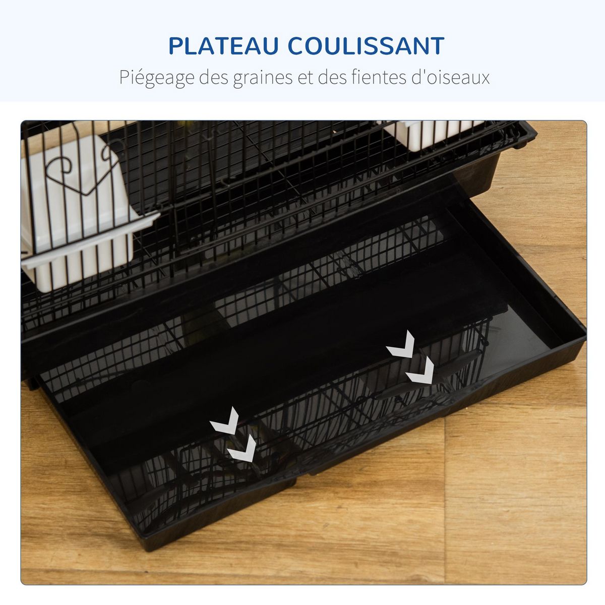 PAWHUT Cage à oiseaux volière dim. 46L x 36l x 100H cm - 4 mangeoires, 3 perchoirs, balançoire, 2 portes, 9 trappes, échelle, 2 jouets suspendus, plateau déjection - PP acier noir