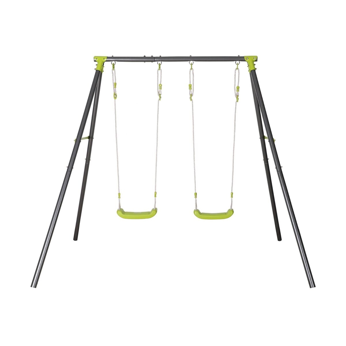 SWEEEK Portique balançoire double en métal BISE. 2 places. noir et vert. acier. L 217 x P 153 x H 195 cm