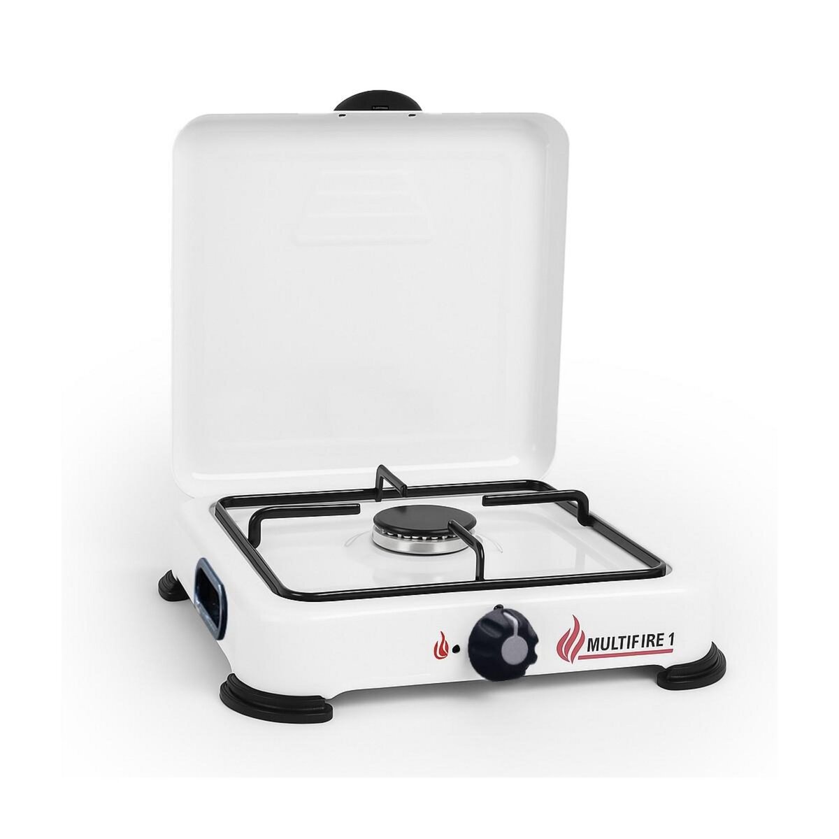 INTEC Réchaud à gaz 1 feu 1500W Brûleur fonte amovible Lavable Gaz butane ou propane Blanc laqué Grille Couvercle GOLD