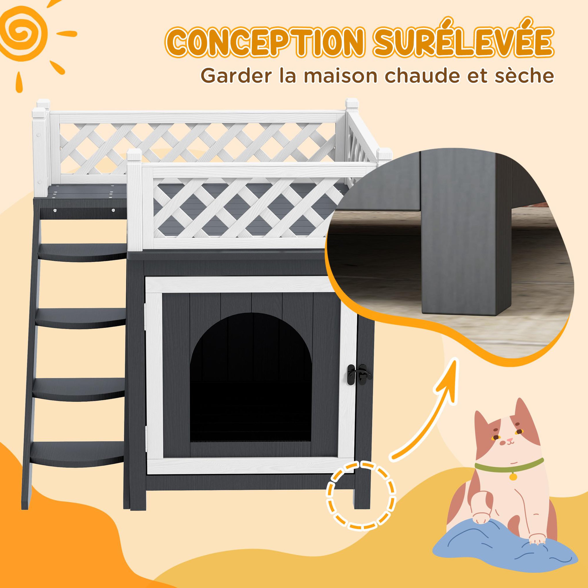 Voir la diapositive 5 : PAWHUT Maison niche chat sur pied - 2 niveaux, porte loquet, terrasse, escalier - bois gris blanc