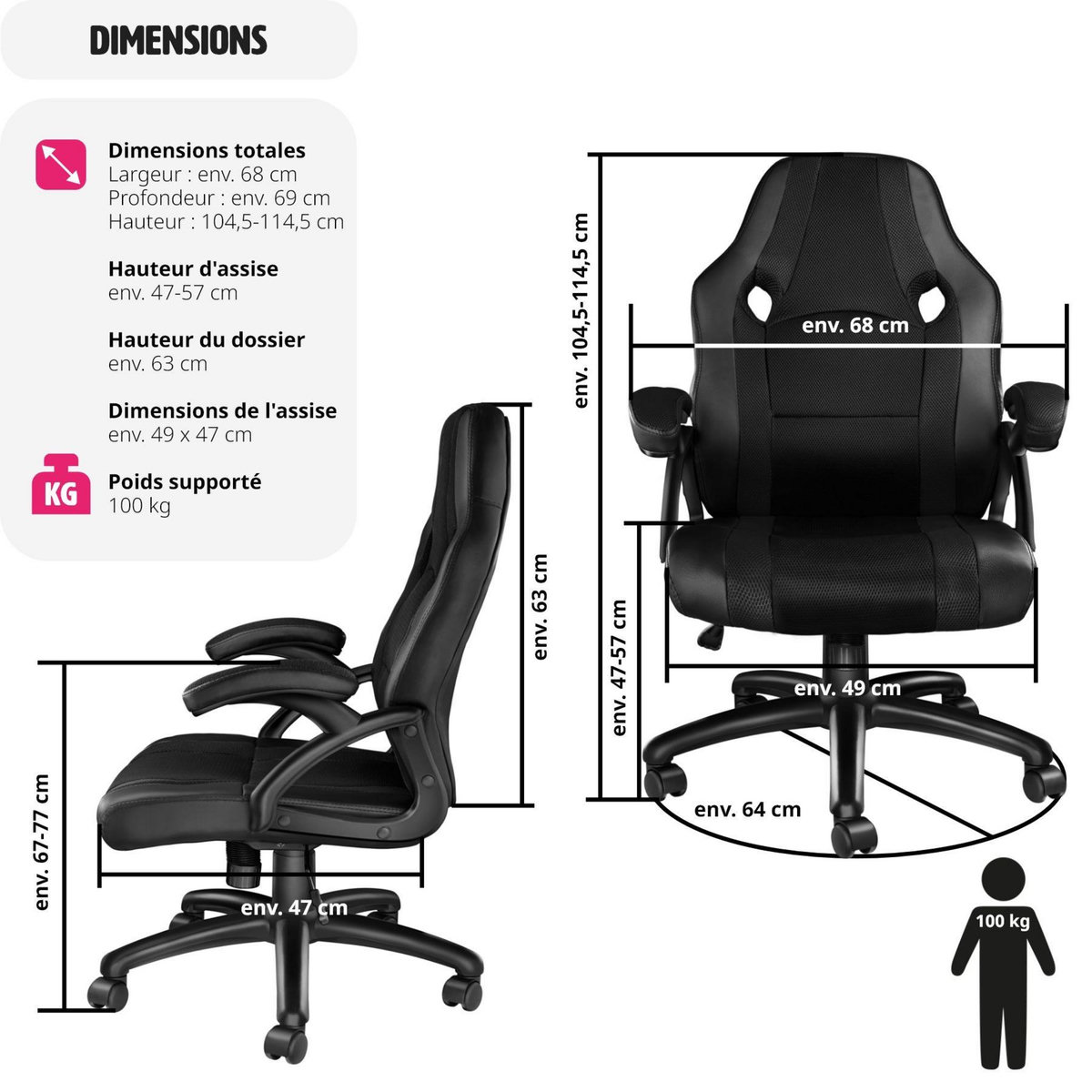 tectake Chaise de bureau à forme ergonomique noir