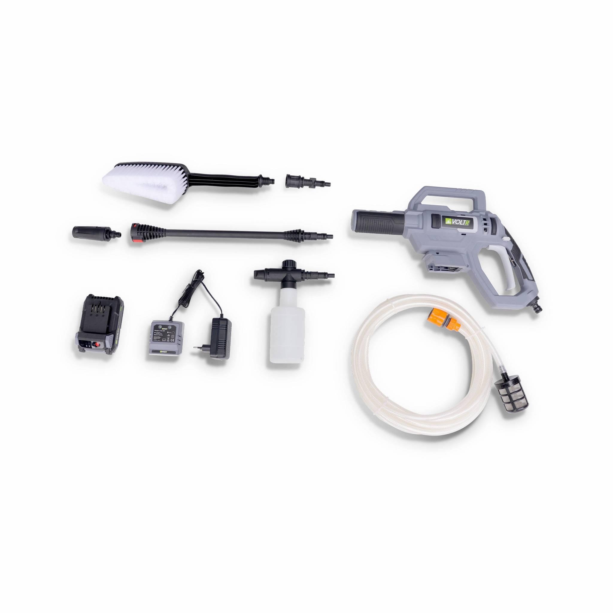 Voir la diapositive 2 : VOLTR VOLTR – Nettoyeur haute pression 25 bars à batterie 20V – kit complet d'accessoires brosse. buse à jet variable. réservoir détergent. batterie et chargeur fournis