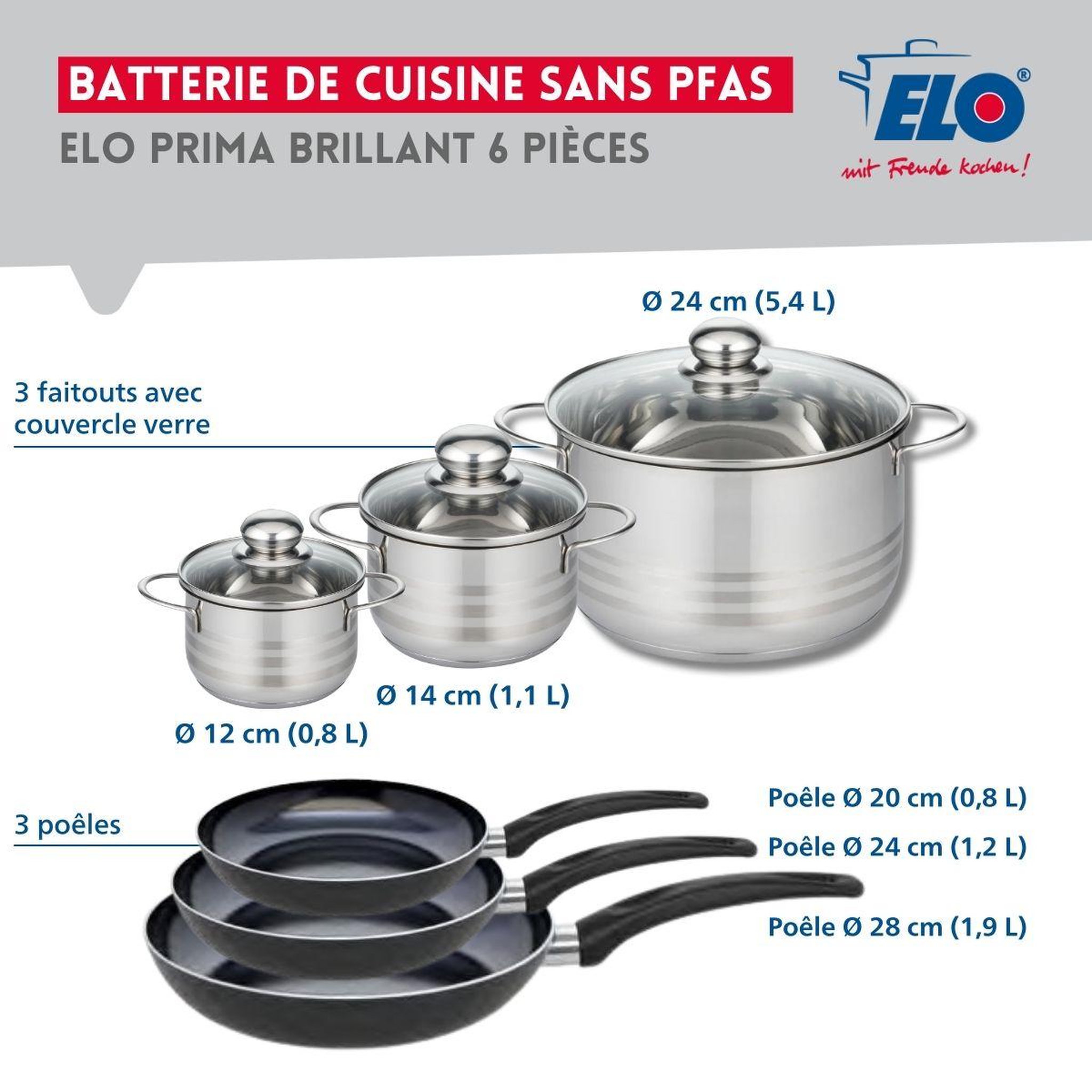 Voir la diapositive 2 : ELO Ensemble de 3 poêles de cuisson 20, 24 et 28 cm et 3 faitouts 12, 14 et 24 cm elo prima brillant