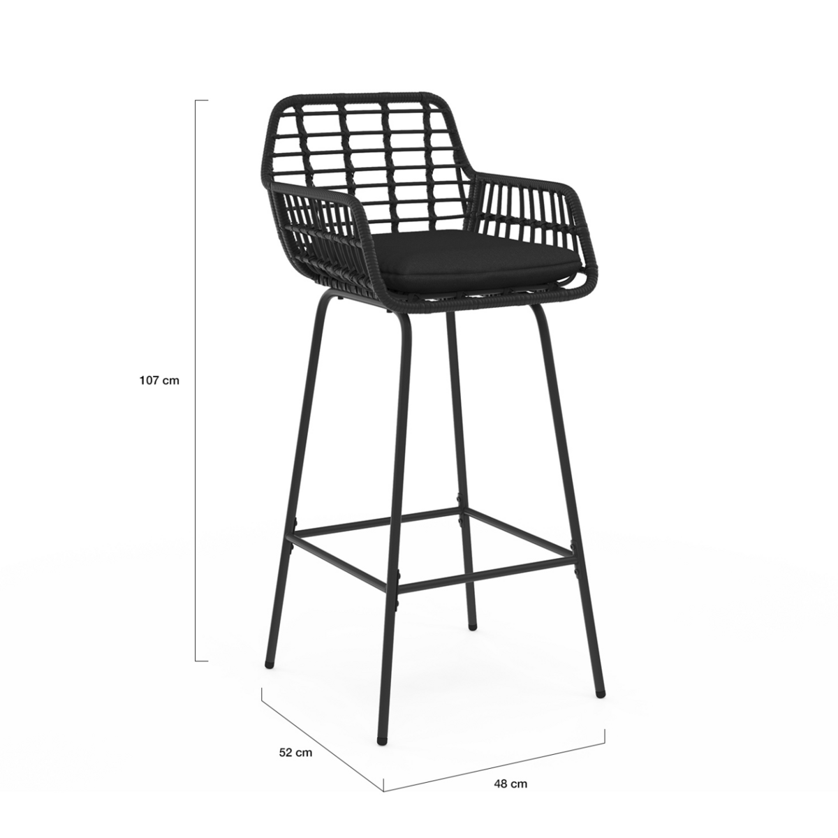ID MARKET Lot de 2 tabourets de bar SUMMER avec accoudoirs effet rotin noir pied métal noir