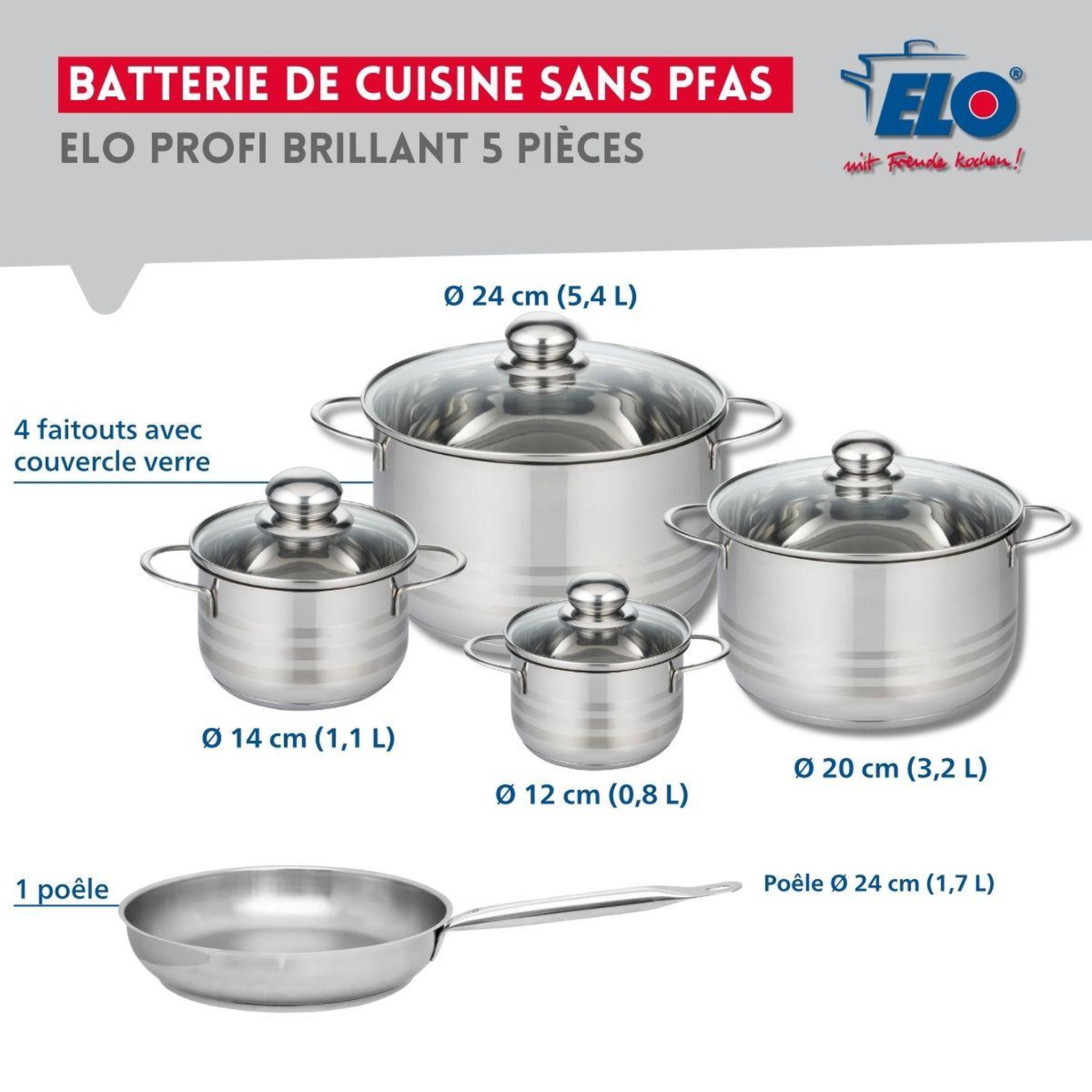 Voir la diapositive 2 : ELO Ensemble de 1 poêle de cuisson 24 cm et 4 faitouts 12, 14, 20 et 24 cm elo profi brillant