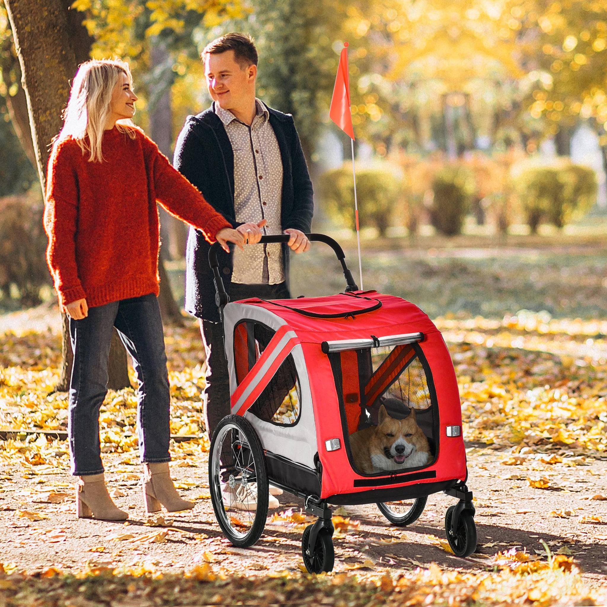 Voir la diapositive 2 : PAWHUT Remorque vélo jogger 2 en 1 pour animaux drapeau roue avant pivotante réflecteurs rouge gris