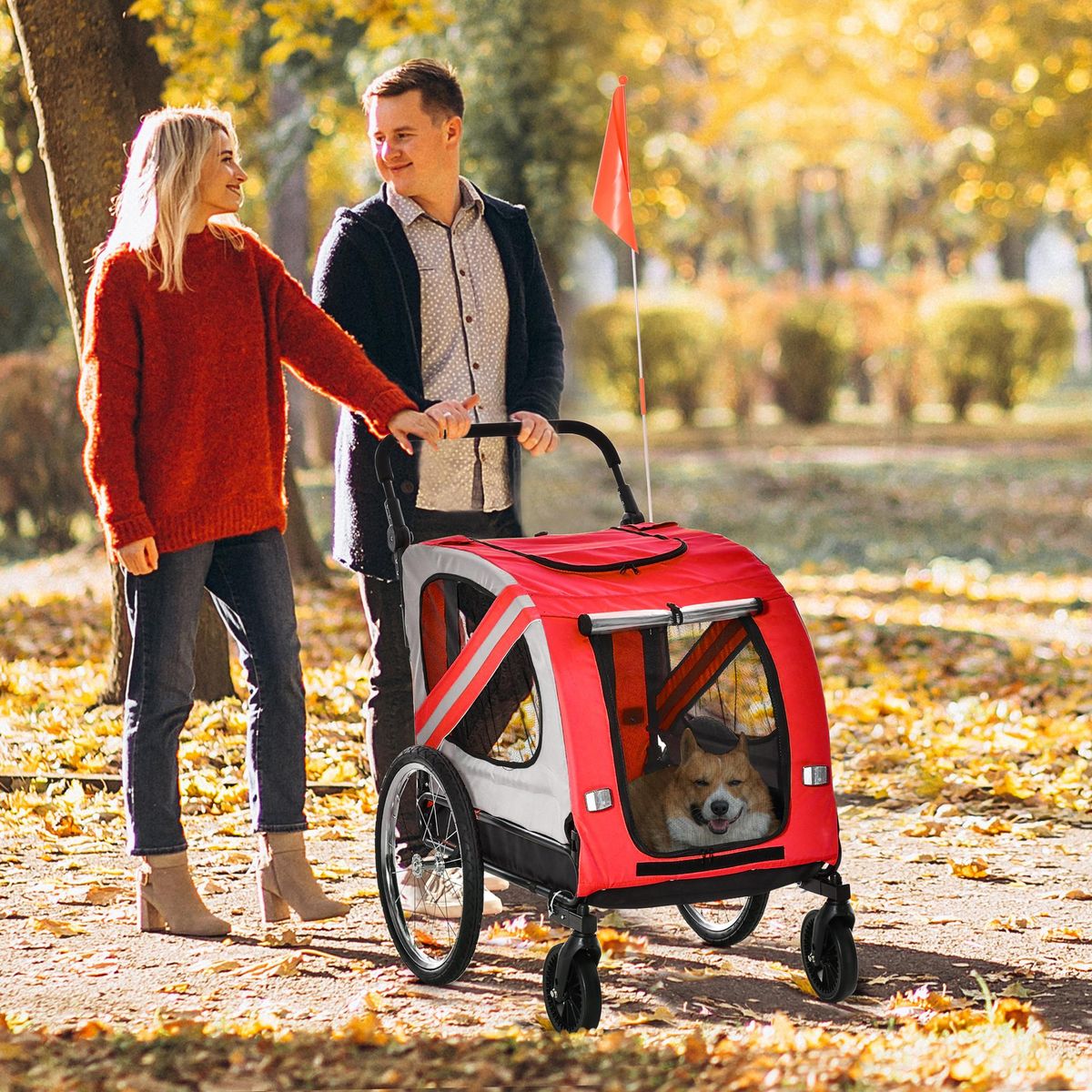 PAWHUT Remorque vélo jogger 2 en 1 pour animaux drapeau roue avant pivotante réflecteurs rouge gris
