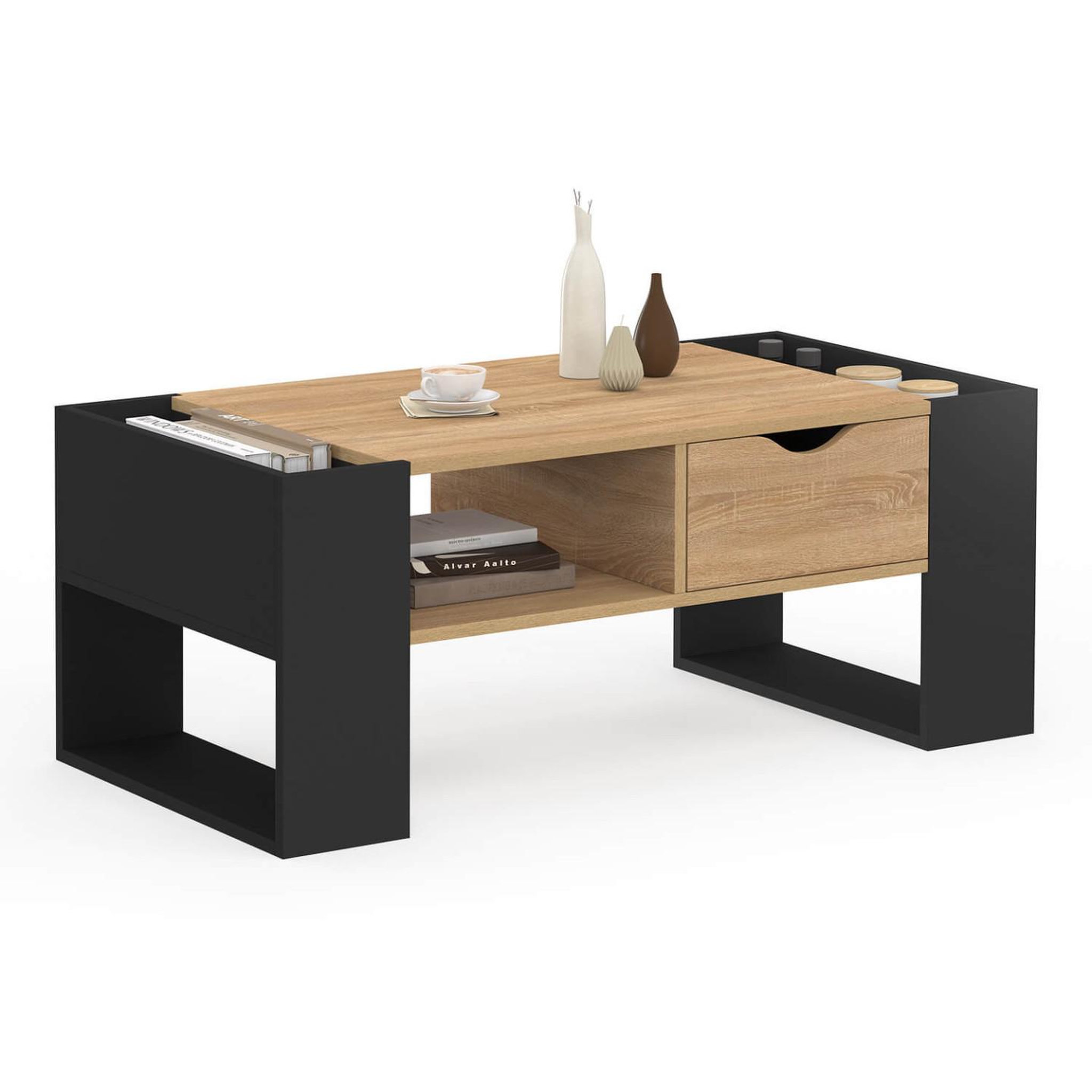 ID MARKET Table basse rectangulaire beryl avec tiroir bois noir et façon hêtre