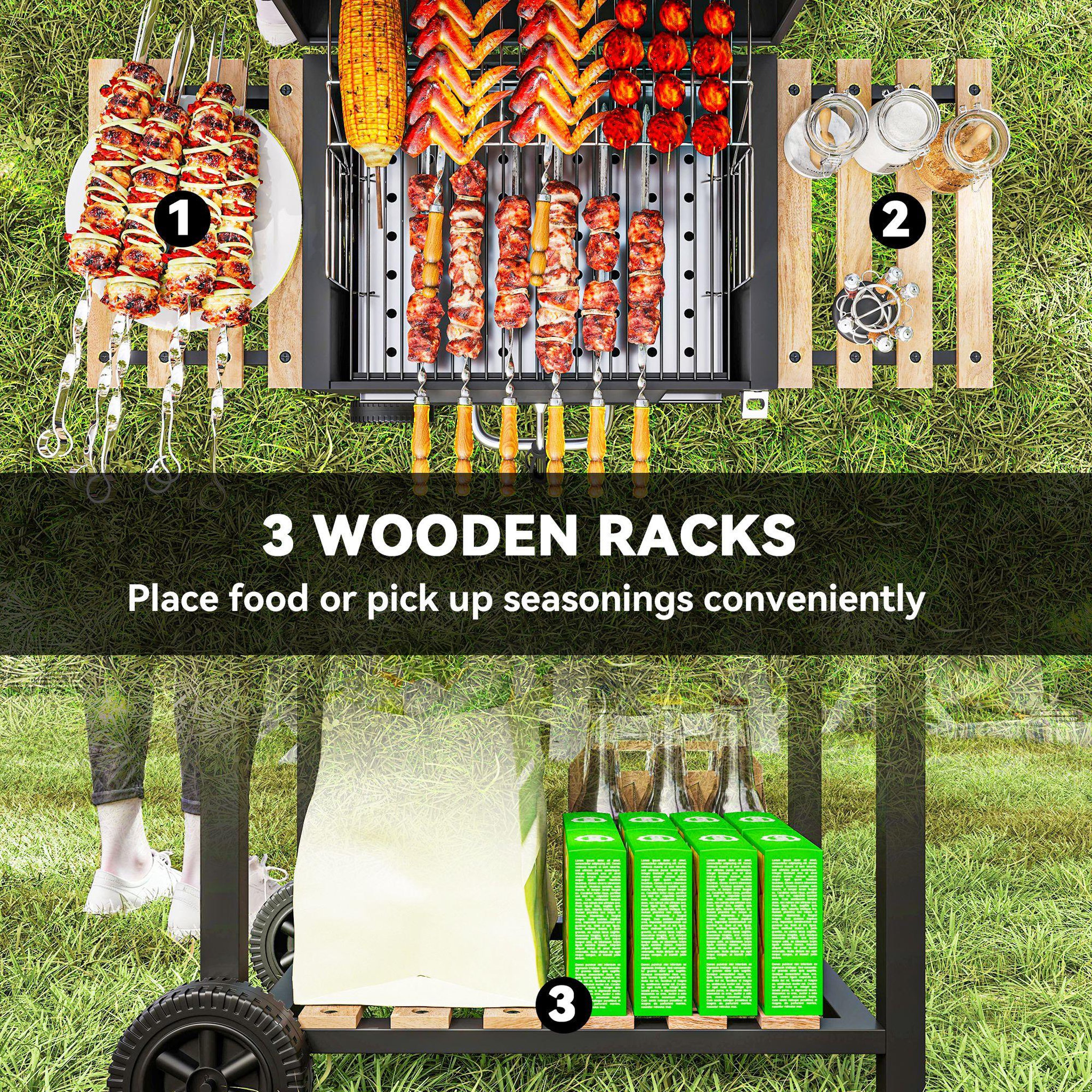 Voir la diapositive 4 : OUTSUNNY Barbecue charbon de bois avec couvercle 2 roues - hauteur grille réglable, thermomètre, 3 étagères - acier noir bois