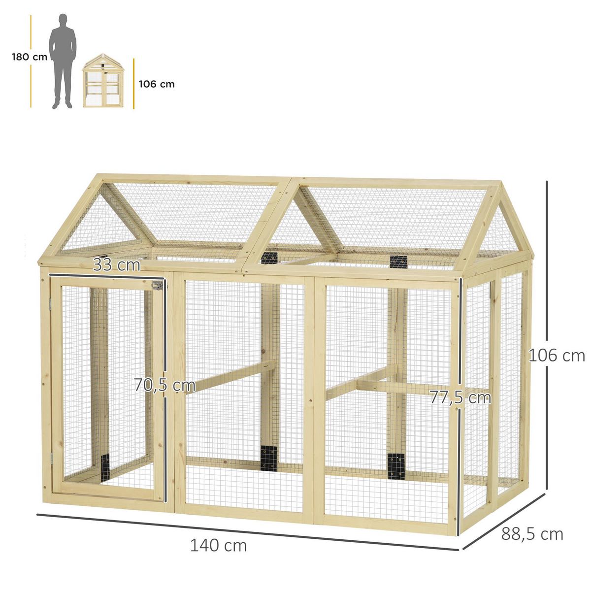 PAWHUT Enclos poulailler chenil 1,23 m² - parc grillagé dim 140L x 88,5l x 106H cm - 2 portes verrouillables - bois sapin