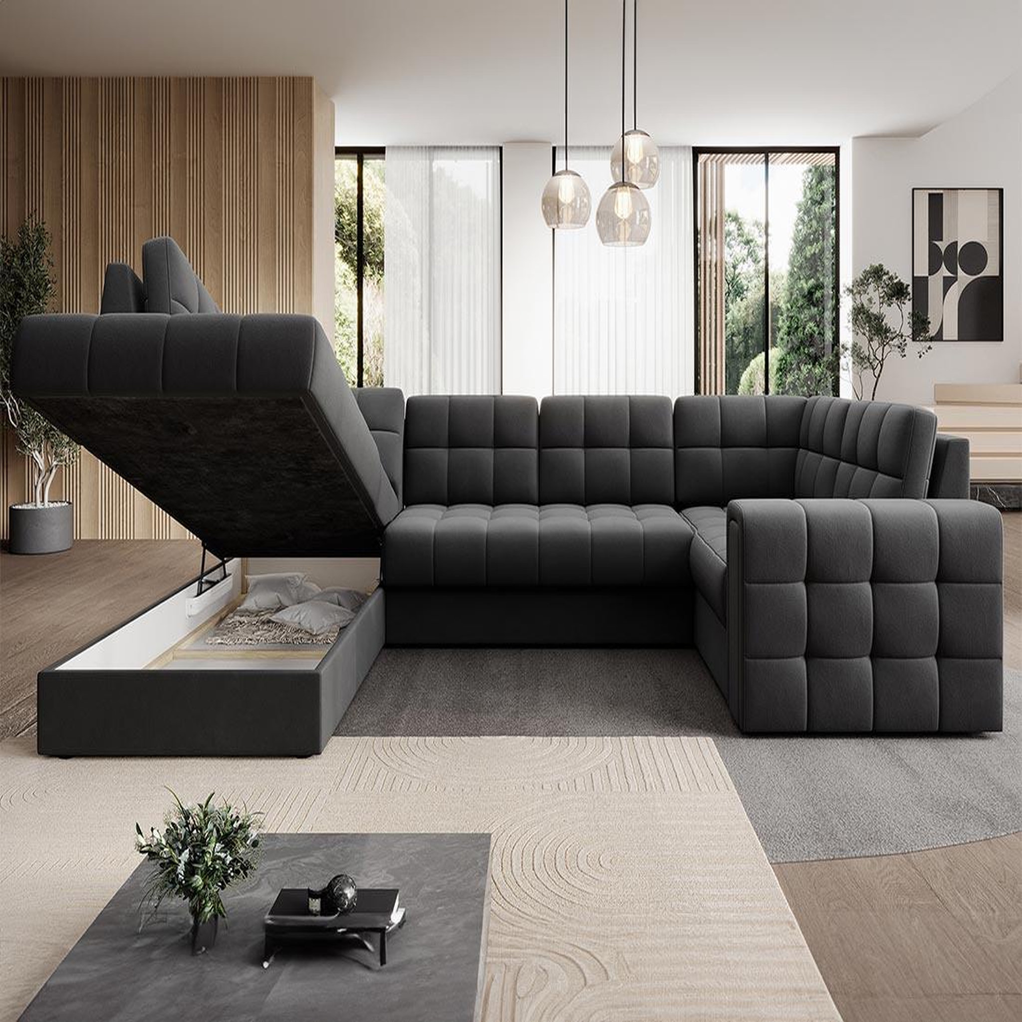Voir la diapositive 3 : BEST MOBILIER Nappa - canapé panoramique d'angle droit 7 places convertible avec coffre en velours