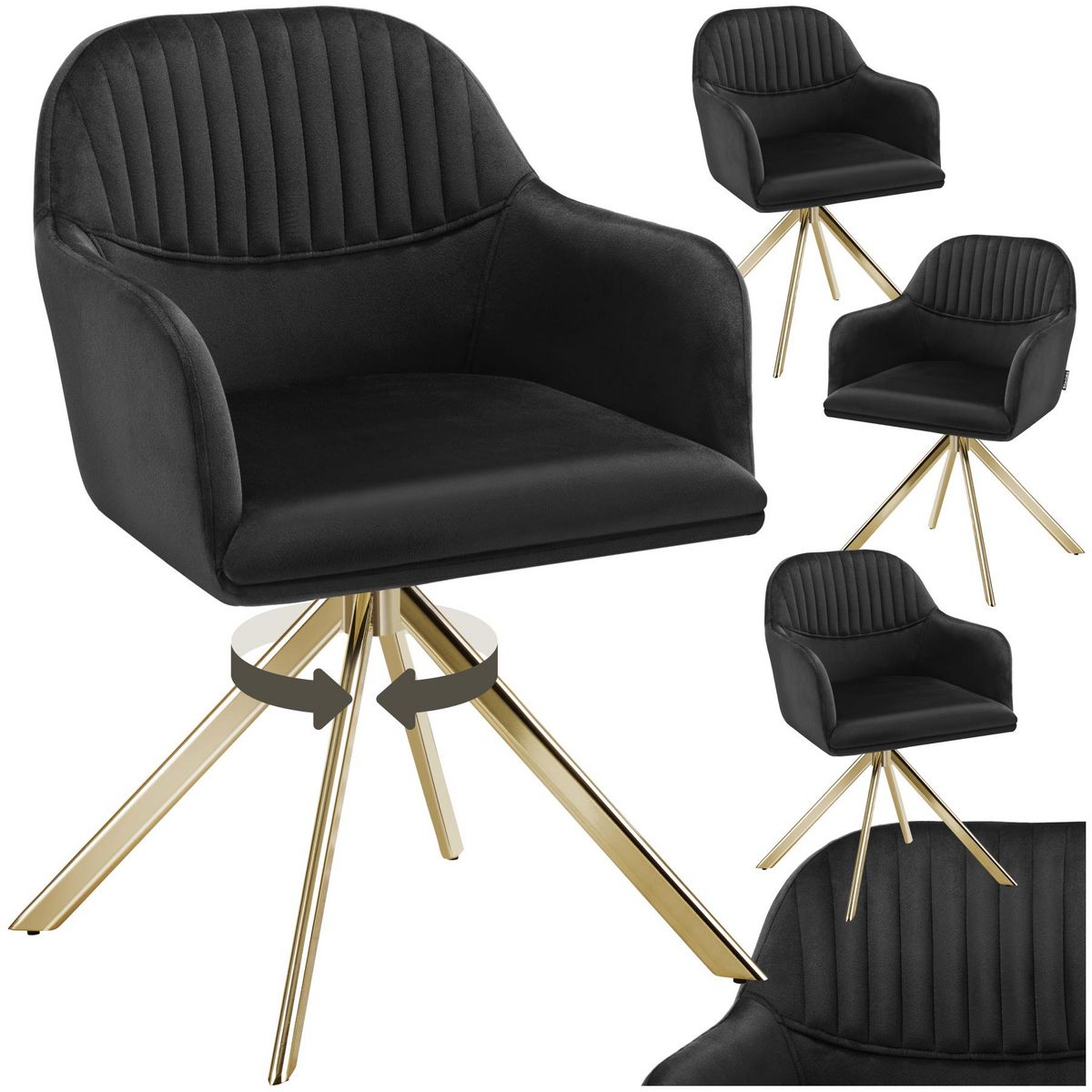 tectake Chaise pivotante en velours rembourrée noir/or Lot de 4