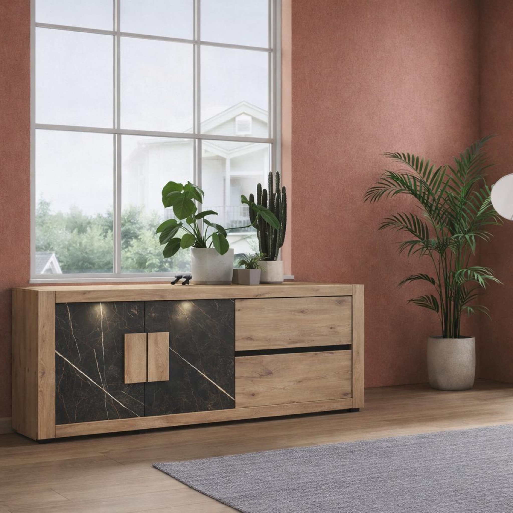Voir la diapositive 2 : JLC KREATION Buffet moderne bois et marbre avec LED 210cm RACHA
