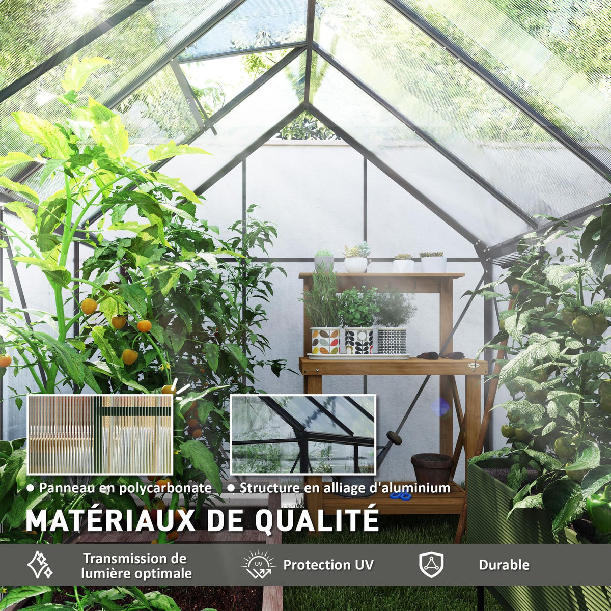 OUTSUNNY Serre de jardin polycarbonate alu 4,8 m² dim. 2,53L x 1,9l x 1,99H m lucarne réglable fondation porte coulissante gris