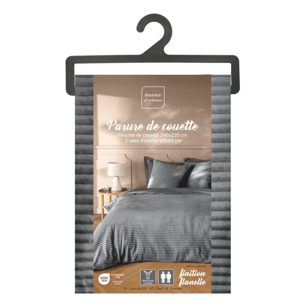 Douceur d'Intérieur Housse de couette 240x220 + 2 taies anthracite finition flanelle